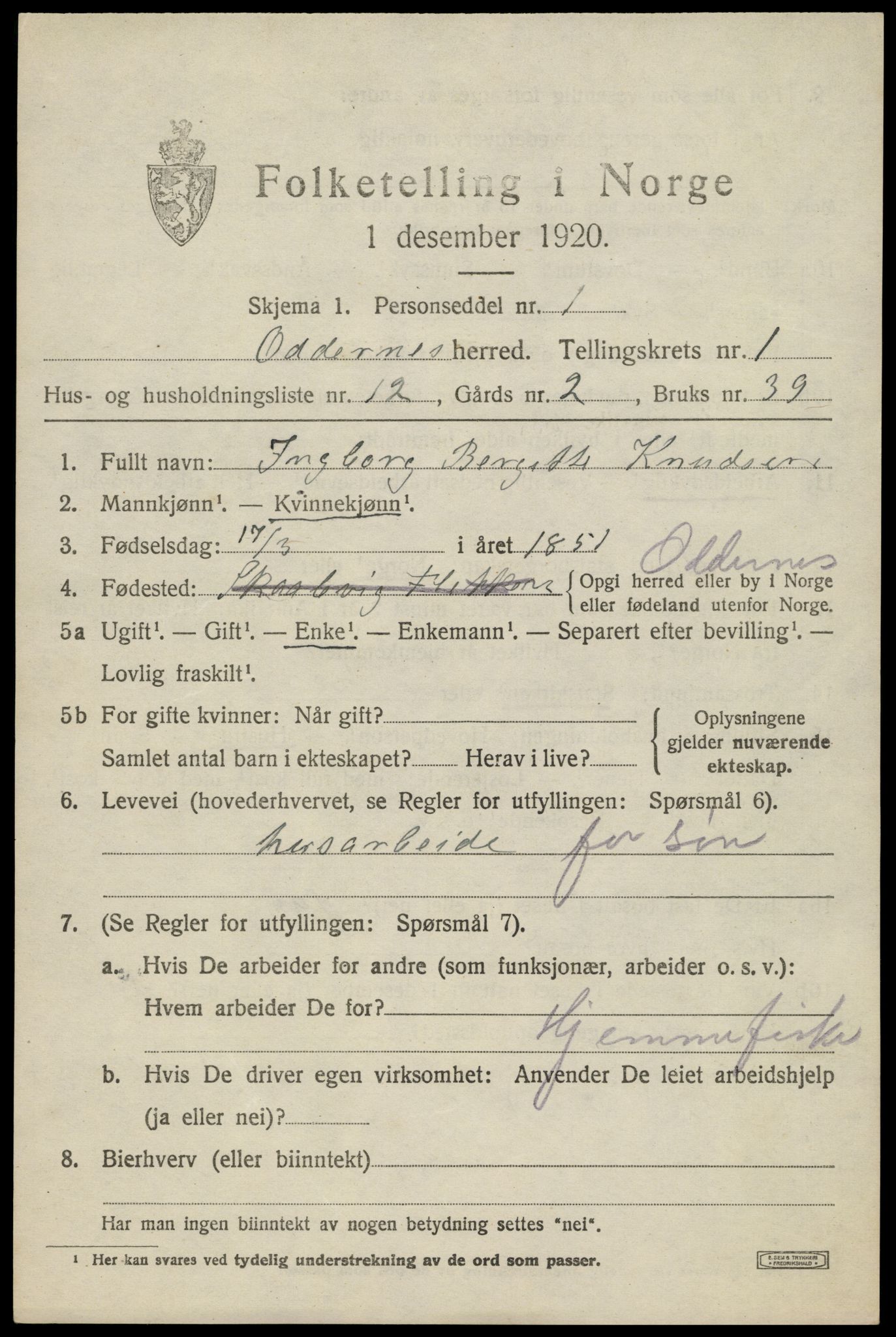 SAK, 1920 census for Oddernes, 1920, p. 2157