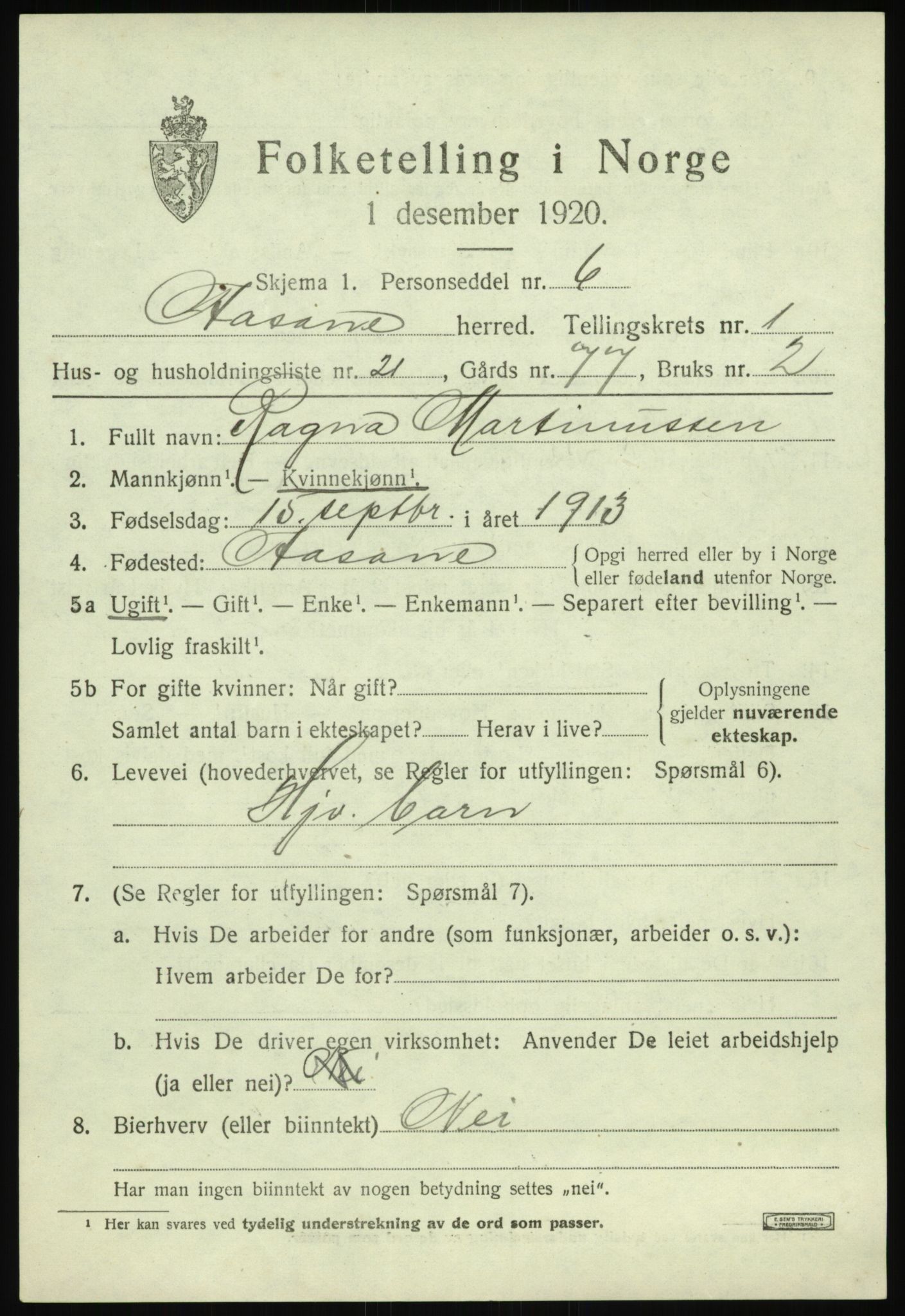 SAB, 1920 census for Åsane, 1920, p. 1123