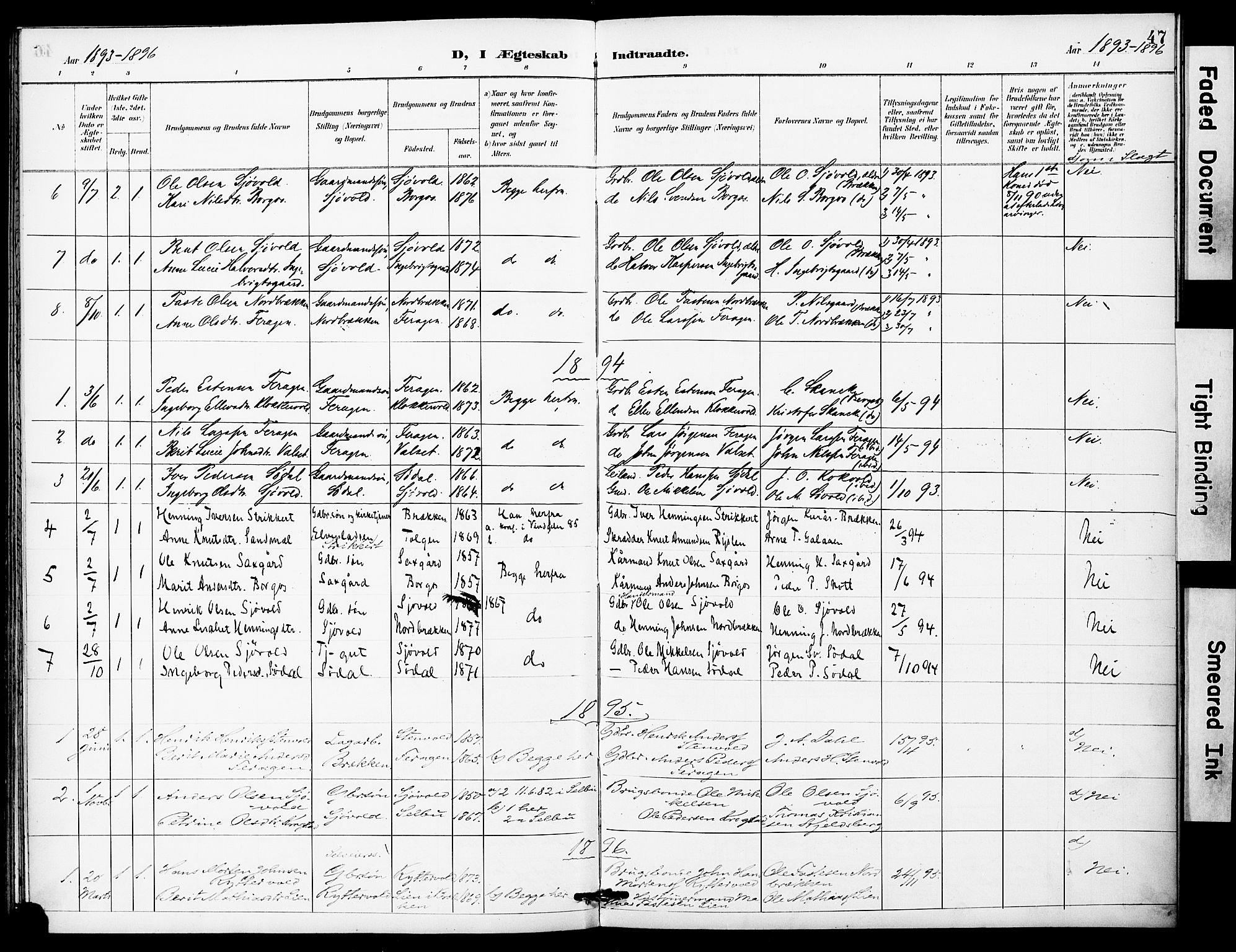 Ministerialprotokoller, klokkerbøker og fødselsregistre - Sør-Trøndelag, SAT/A-1456/683/L0948: Parish register (official) no. 683A01, 1891-1902, p. 47