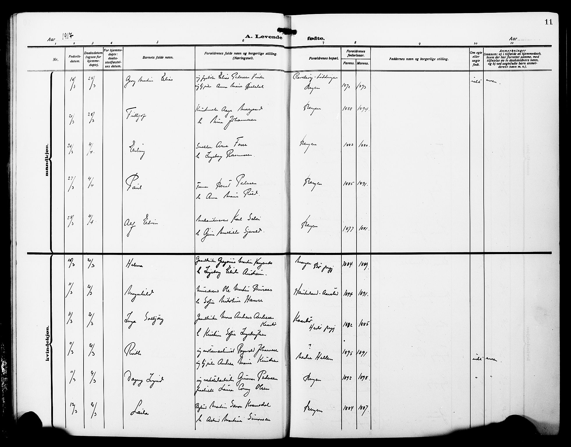 Fødselsstiftelsens sokneprestembete*, SAB/-: Parish register (copy) no. A 3, 1916-1925, p. 11