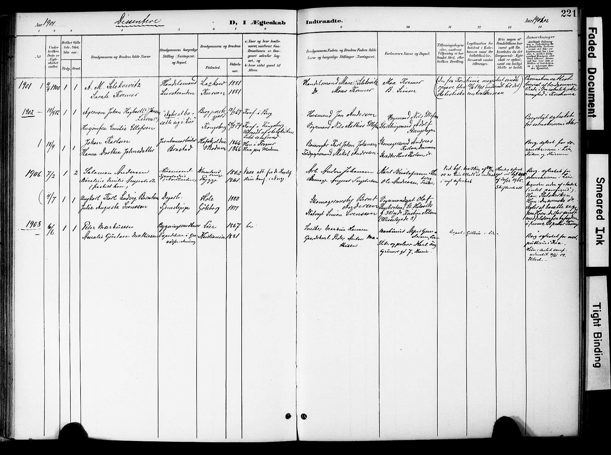 Lier kirkebøker, SAKO/A-230/F/Fa/L0017: Parish register (official) no. I 17, 1901-1908, p. 221