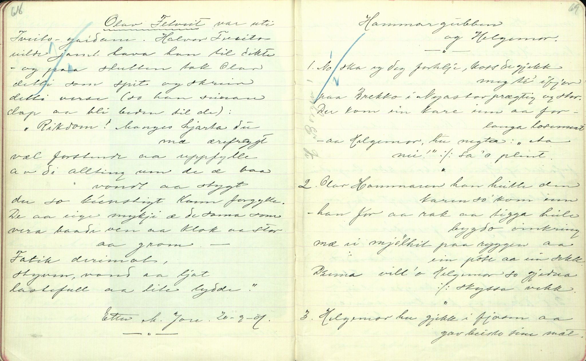 Rikard Berge, TEMU/TGM-A-1003/F/L0001/0015: 001-030 Innholdslister / 11. Visur - eldre og nyare, 1902, p. 68-69