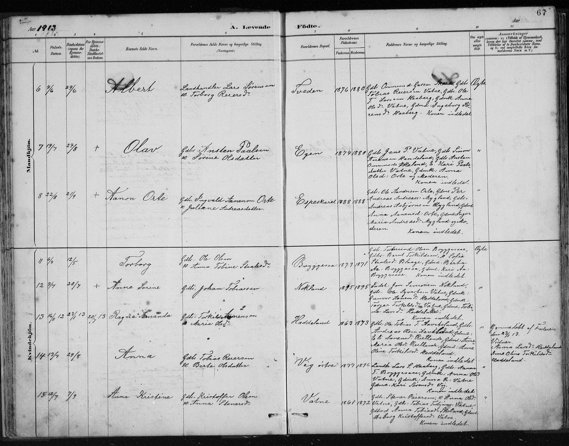 Hægebostad sokneprestkontor, AV/SAK-1111-0024/F/Fb/Fbb/L0003: Parish register (copy) no. B 3, 1887-1937, p. 67