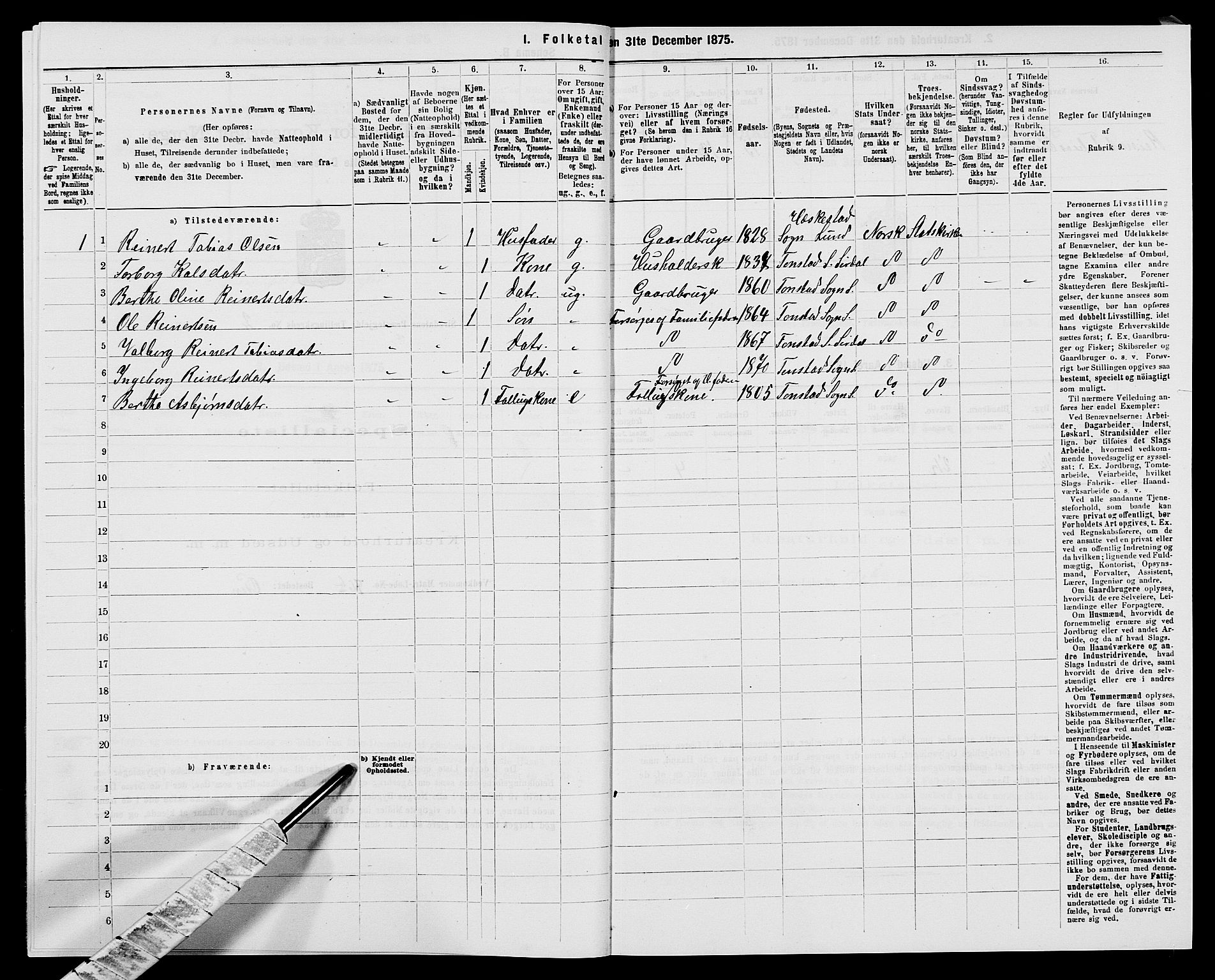 SAK, 1875 census for 1046P Sirdal, 1875, p. 147