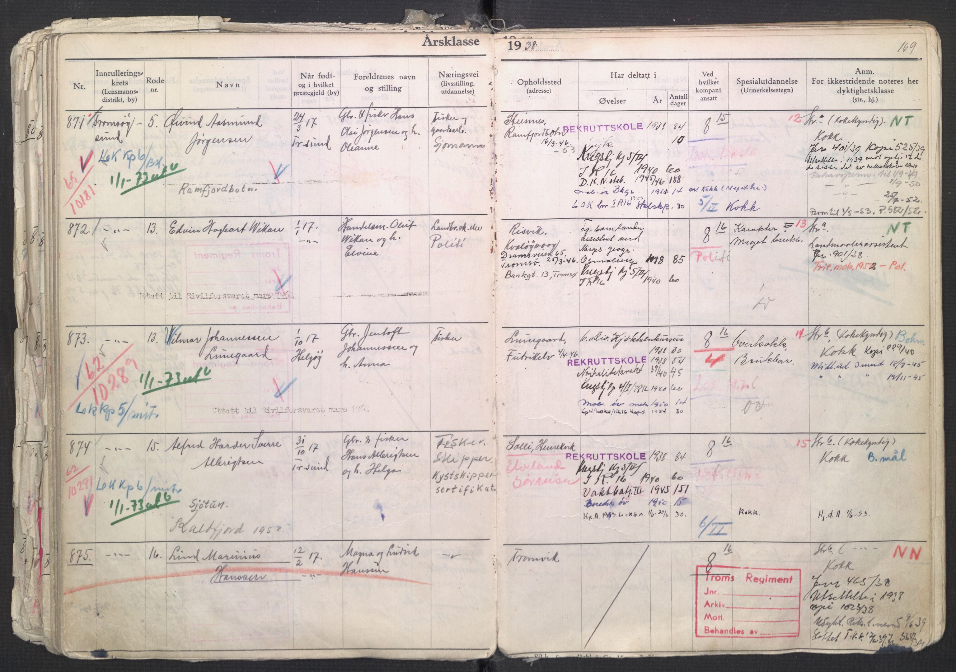 Forsvaret, Troms infanteriregiment nr. 16, AV/RA-RAFA-3146/P/Pa/L0007/0003: Ruller / Rulle for regimentets menige mannskaper, årsklasse 1938, 1938, p. 169