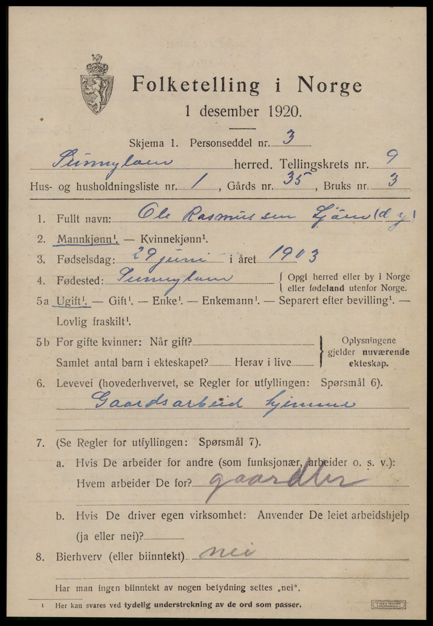 SAT, 1920 census for Sunnylven, 1920, p. 2868