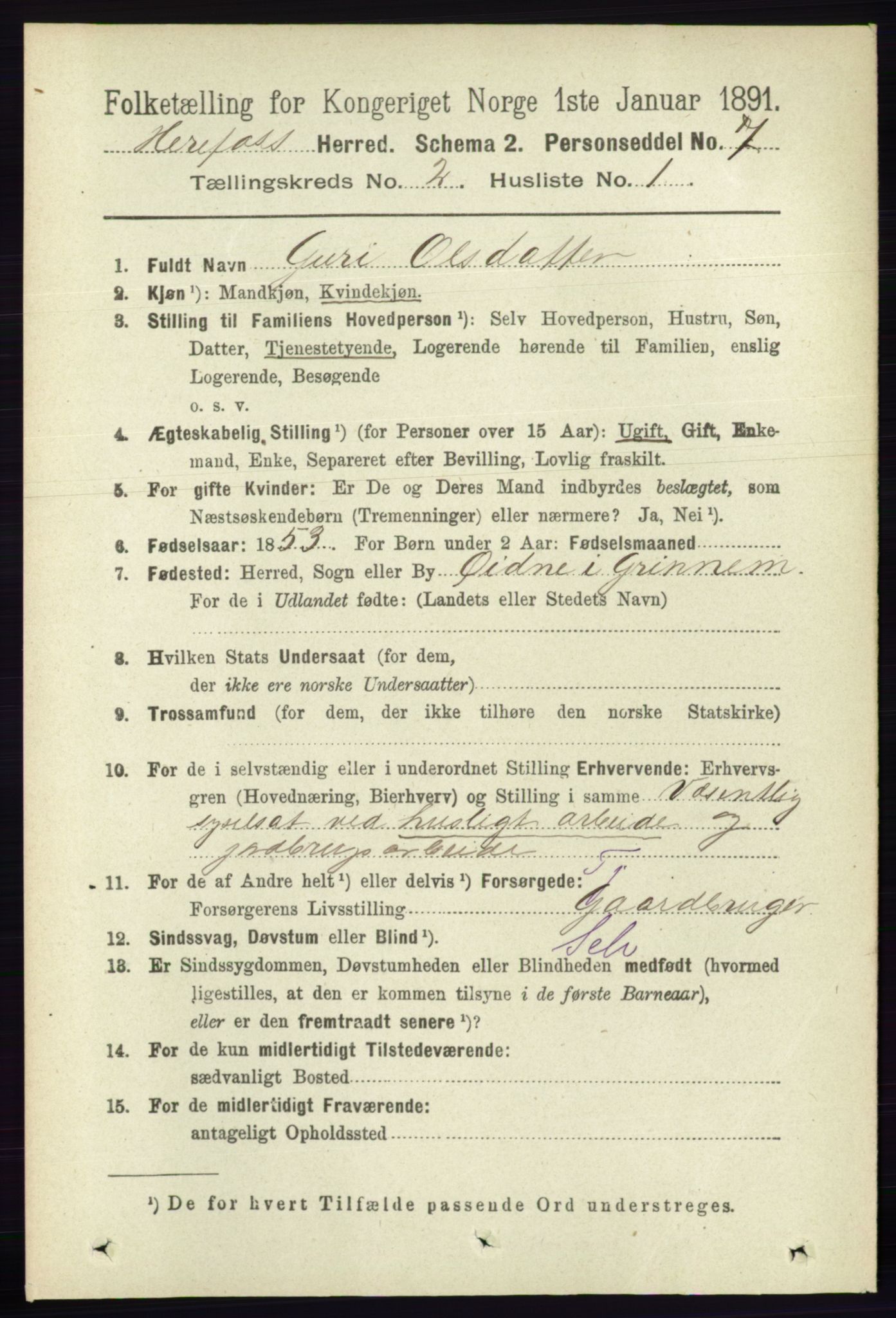 RA, 1891 census for 0933 Herefoss, 1891, p. 286