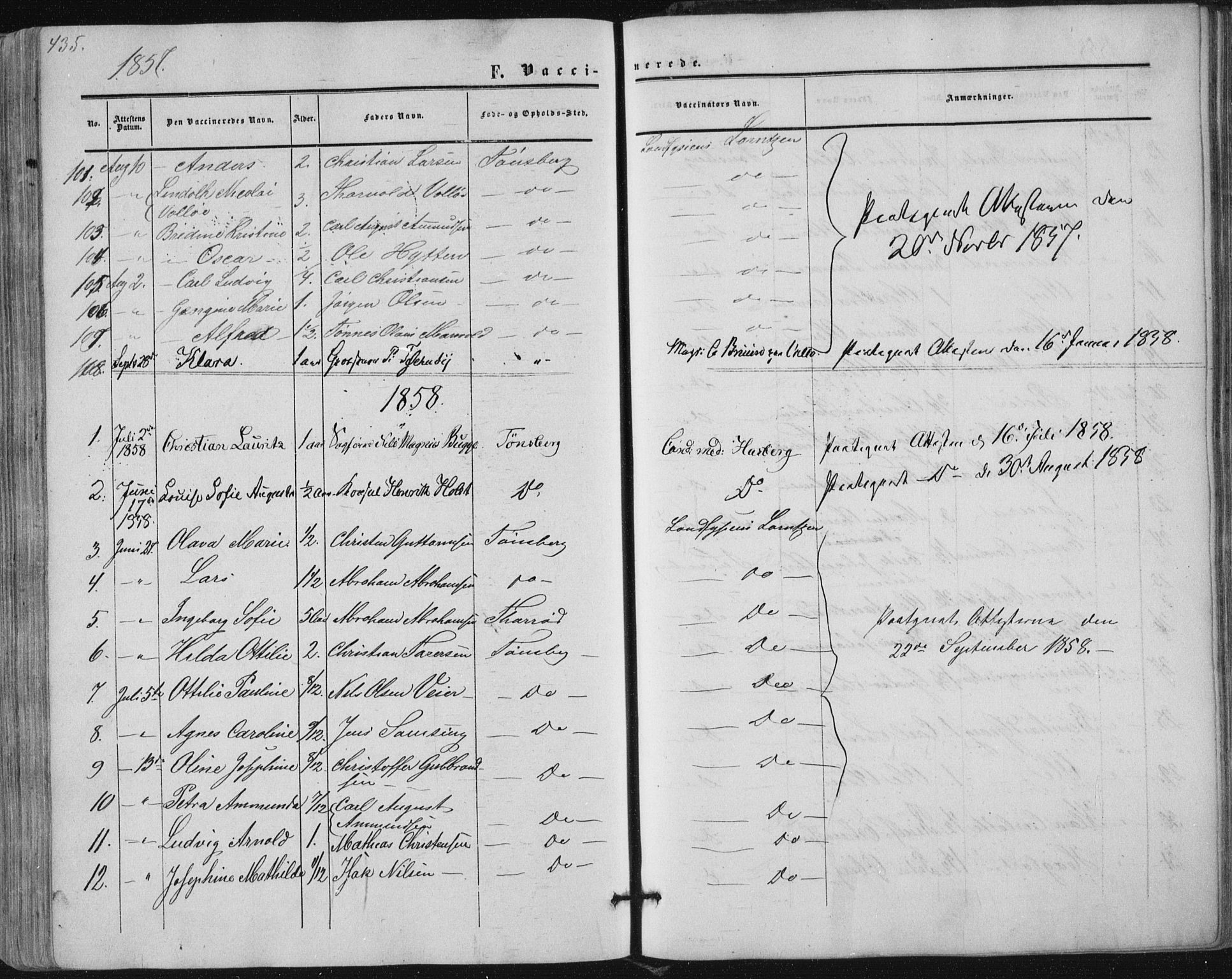 Tønsberg kirkebøker, SAKO/A-330/F/Fa/L0008: Parish register (official) no. I 8, 1855-1864, p. 435
