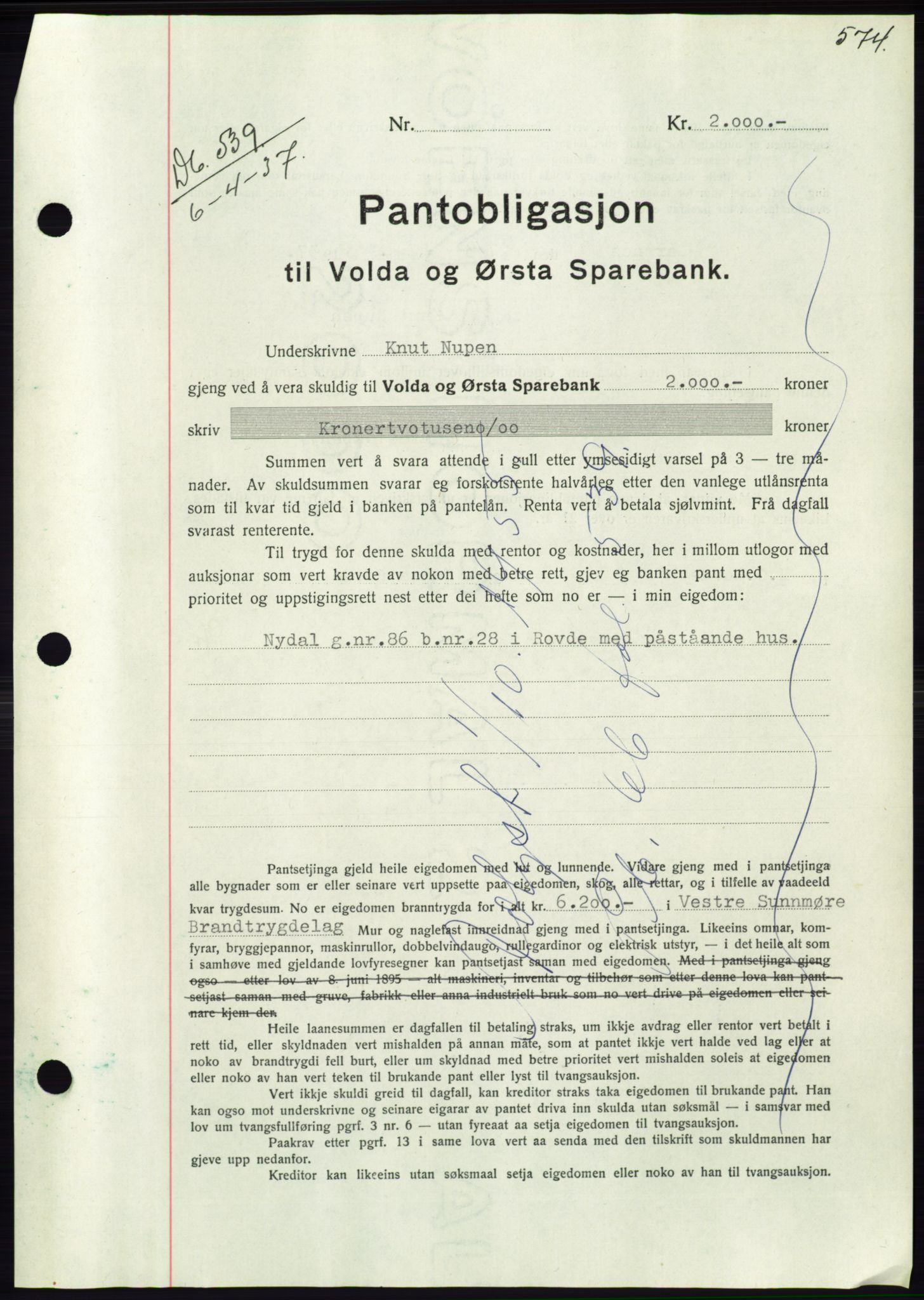Søre Sunnmøre sorenskriveri, SAT/A-4122/1/2/2C/L0062: Mortgage book no. 56, 1936-1937, Diary no: : 539/1937