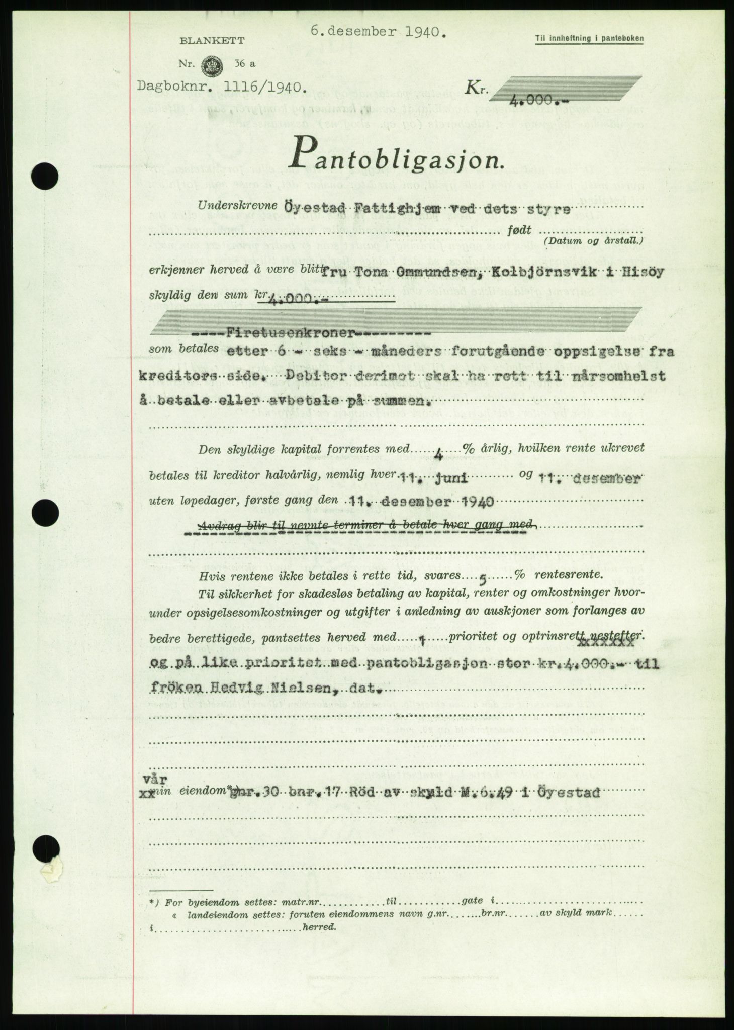 Nedenes sorenskriveri, SAK/1221-0006/G/Gb/Gbb/L0001: Mortgage book no. I, 1939-1942, Diary no: : 1116/1940