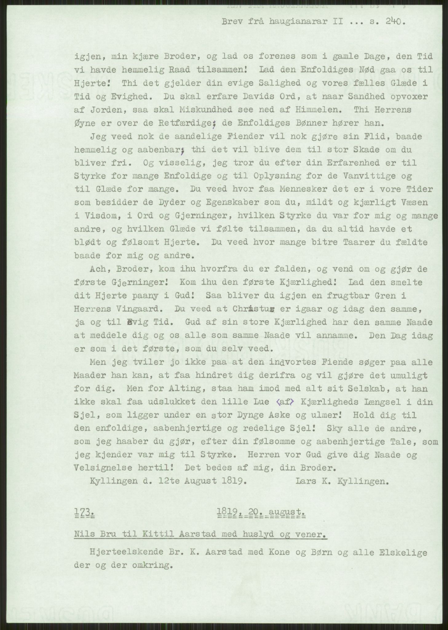 Samlinger til kildeutgivelse, Haugianerbrev, AV/RA-EA-6834/F/L0002: Haugianerbrev II: 1805-1821, 1805-1821, p. 240