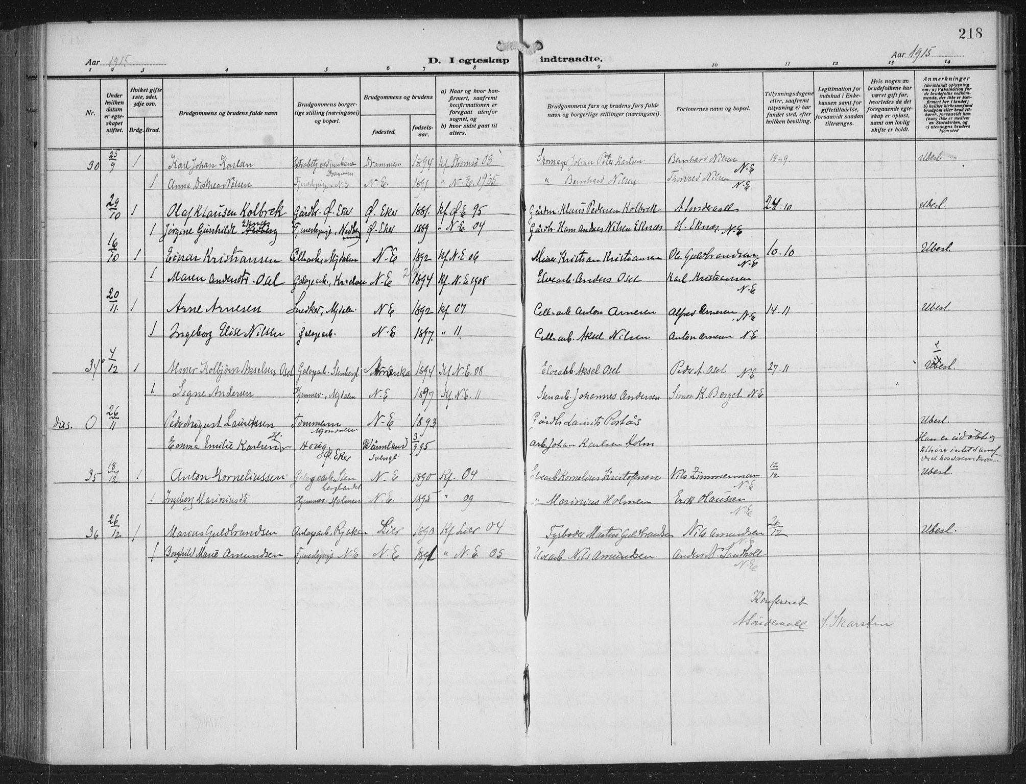 Nedre Eiker kirkebøker, SAKO/A-612/F/Fa/L0007: Parish register (official) no. 7, 1912-1918, p. 218