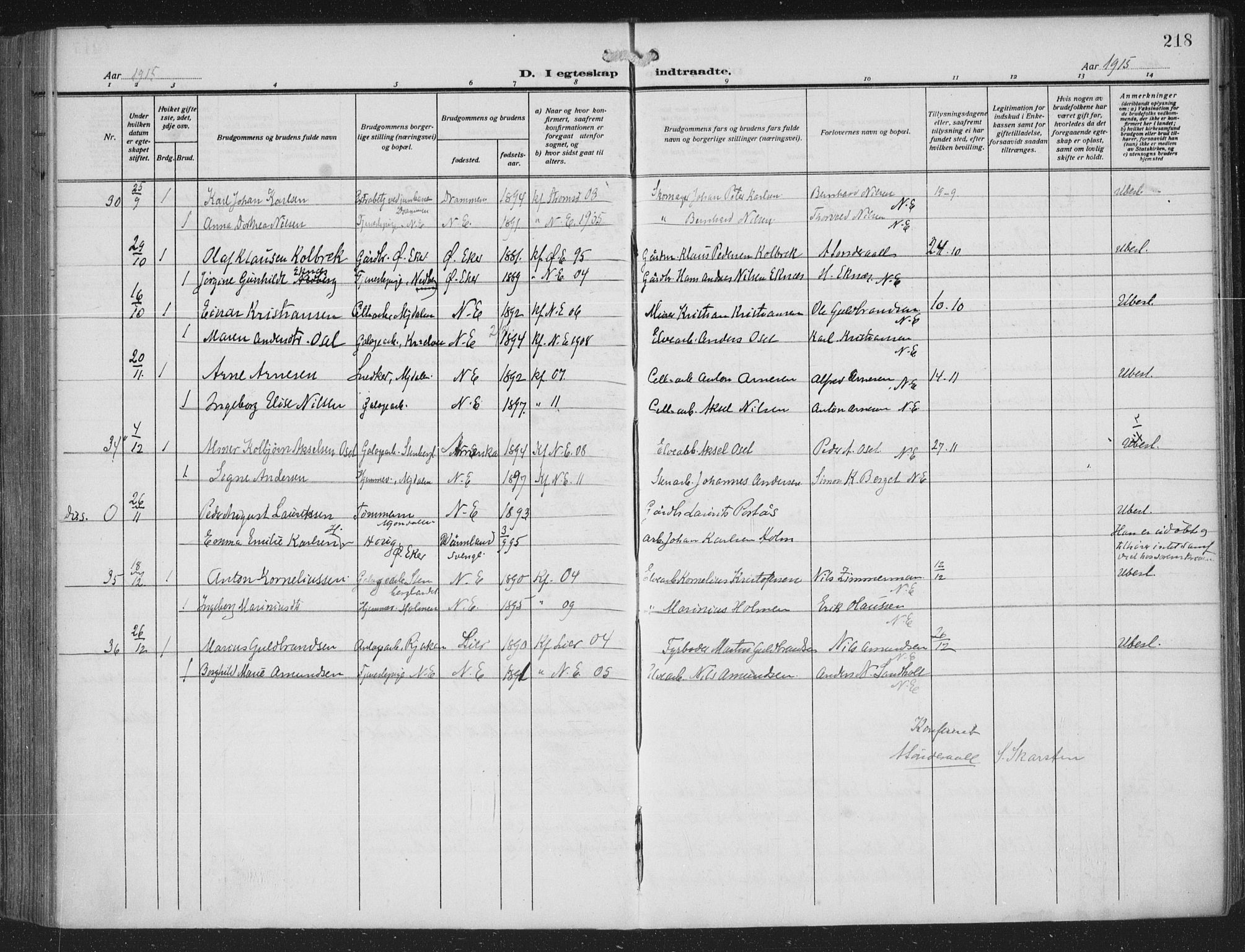 Nedre Eiker kirkebøker, AV/SAKO-A-612/F/Fa/L0007: Parish register (official) no. 7, 1912-1918, p. 218