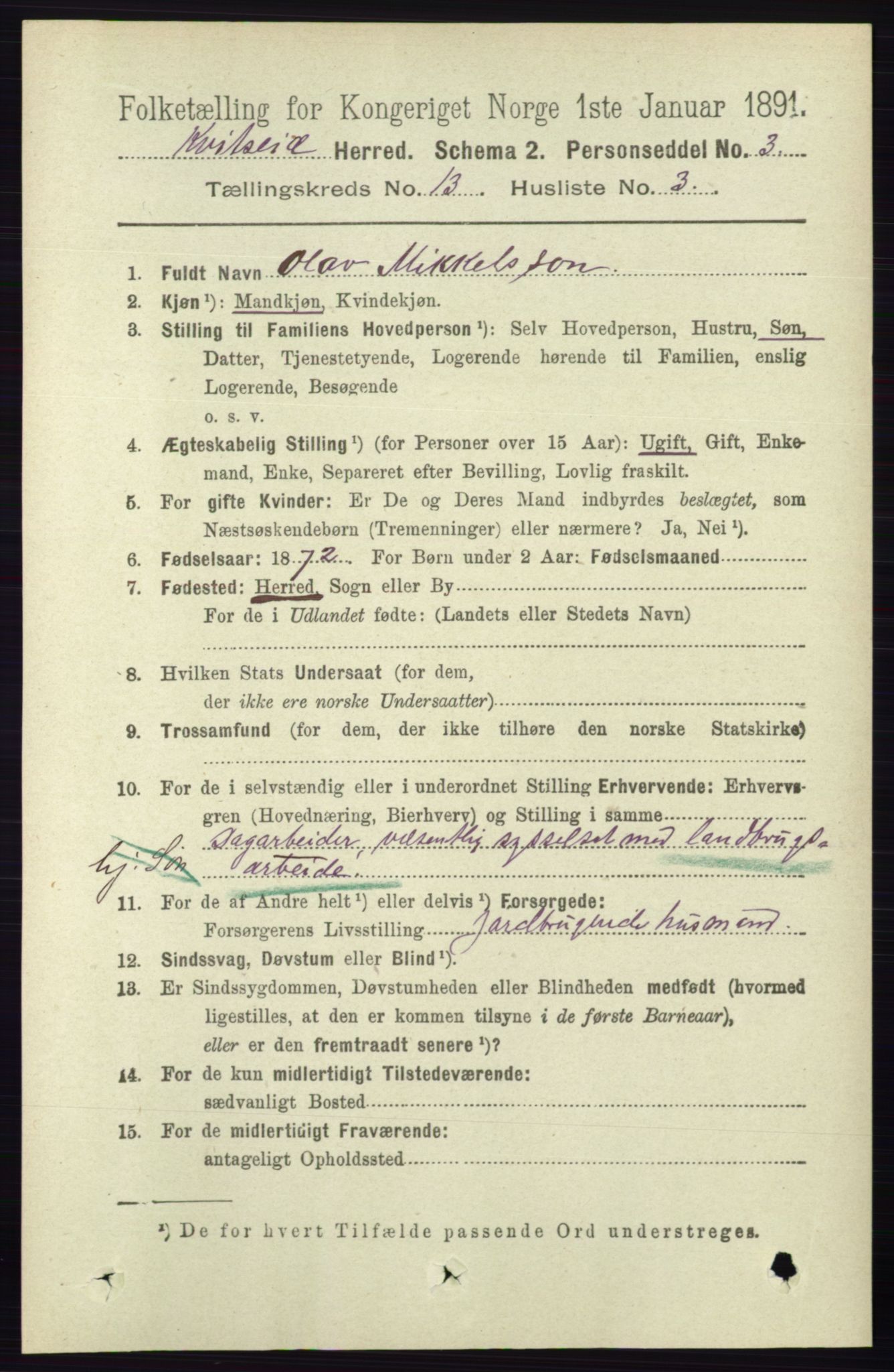 RA, 1891 census for 0829 Kviteseid, 1891, p. 3096