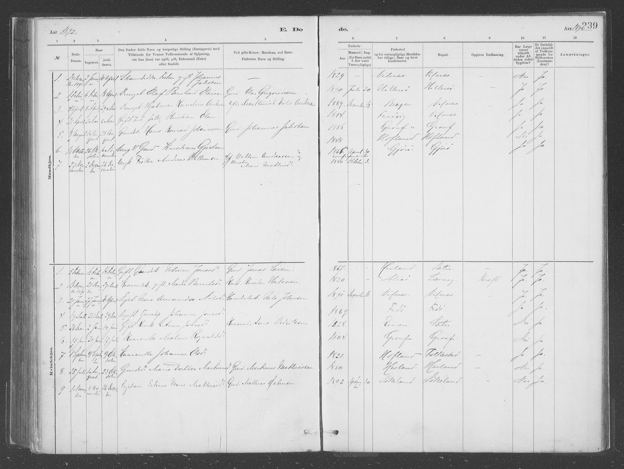 Askvoll sokneprestembete, SAB/A-79501/H/Haa/Haac/L0001: Parish register (official) no. C  1, 1879-1922, p. 239