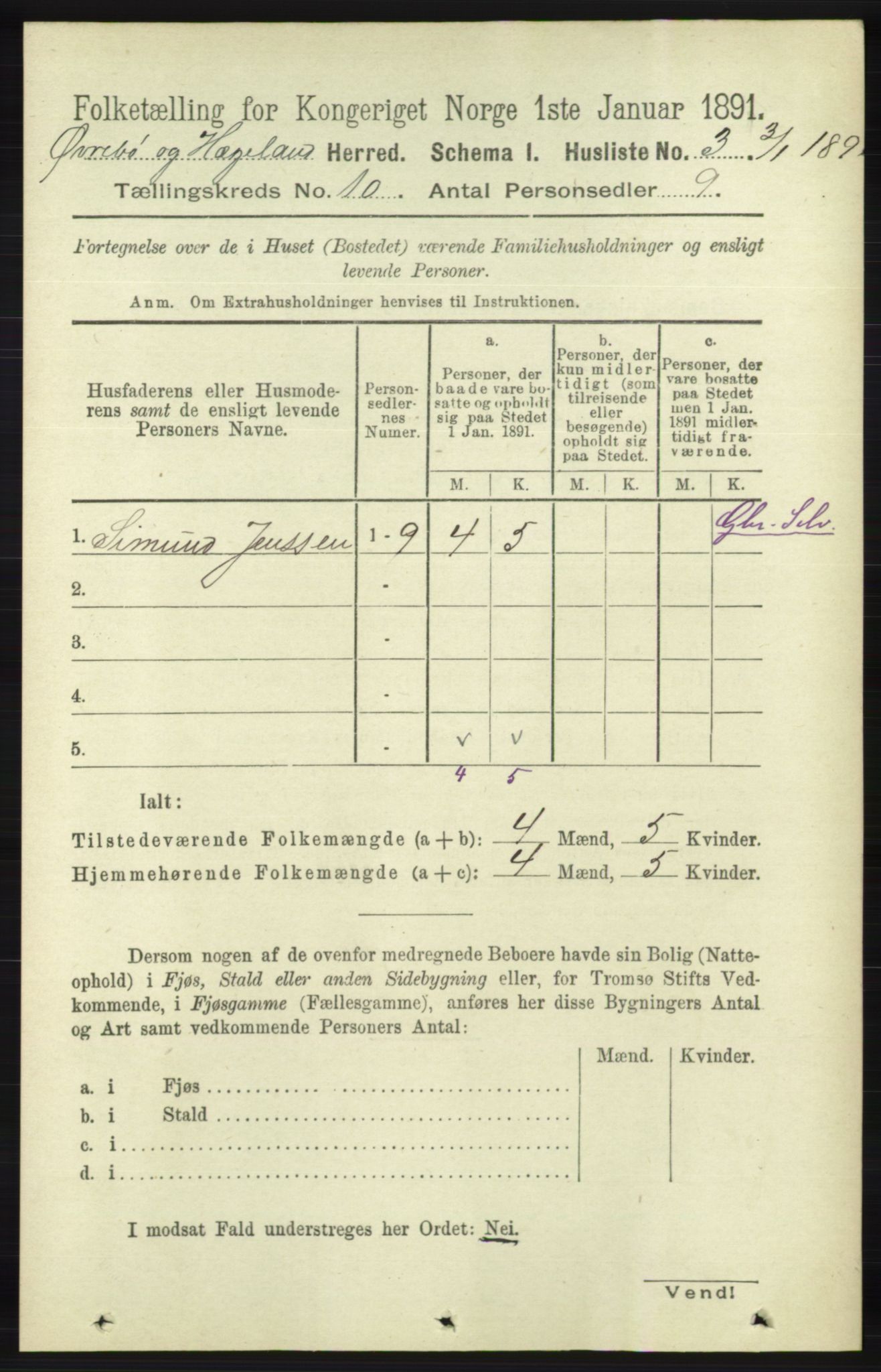 RA, 1891 census for 1016 Øvrebø og Hægeland, 1891, p. 2003