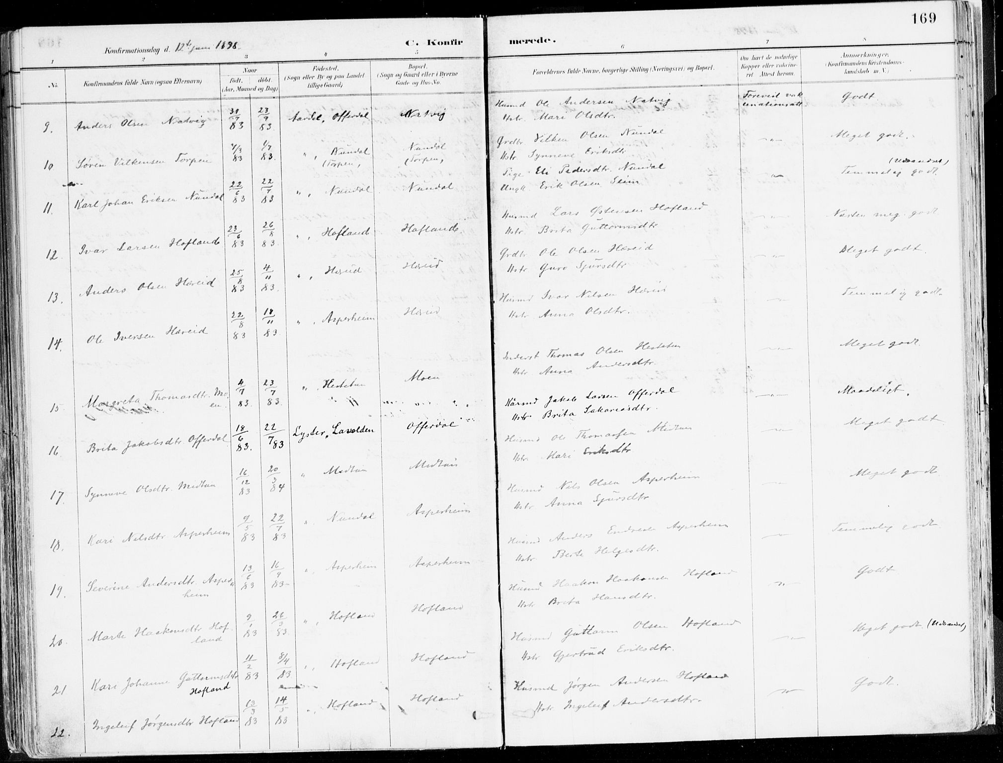 Årdal sokneprestembete, SAB/A-81701: Parish register (official) no. A 5, 1887-1917, p. 169