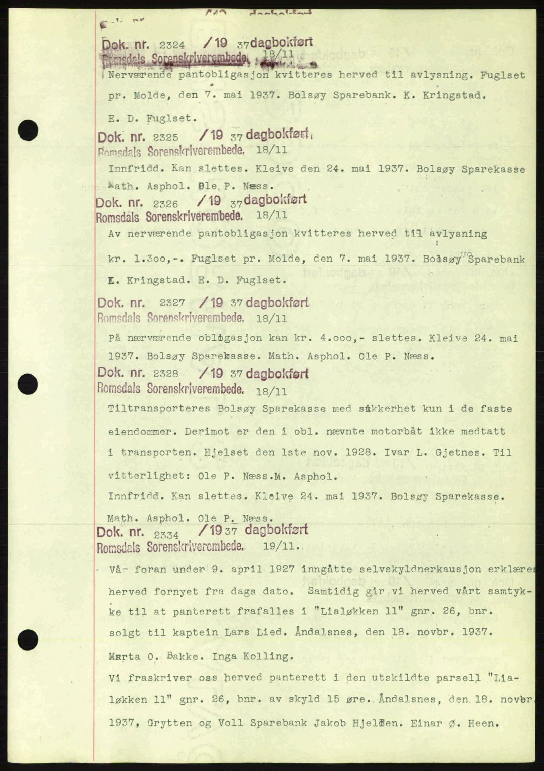 Romsdal sorenskriveri, AV/SAT-A-4149/1/2/2C: Mortgage book no. C1a, 1936-1945, Diary no: : 2324/1937