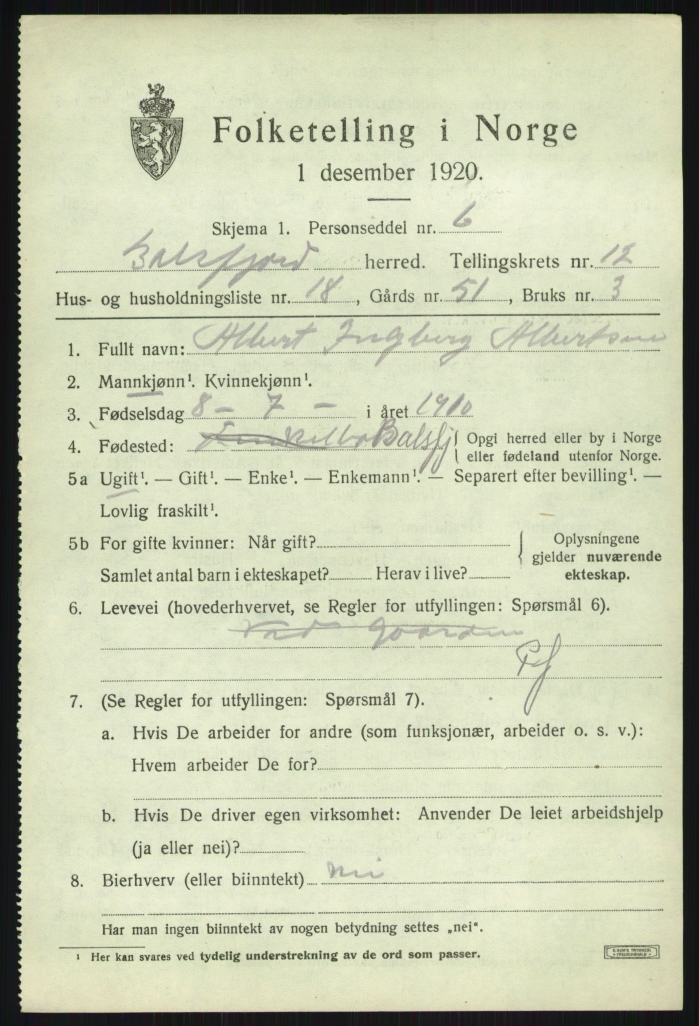 SATØ, 1920 census for Balsfjord, 1920, p. 7473