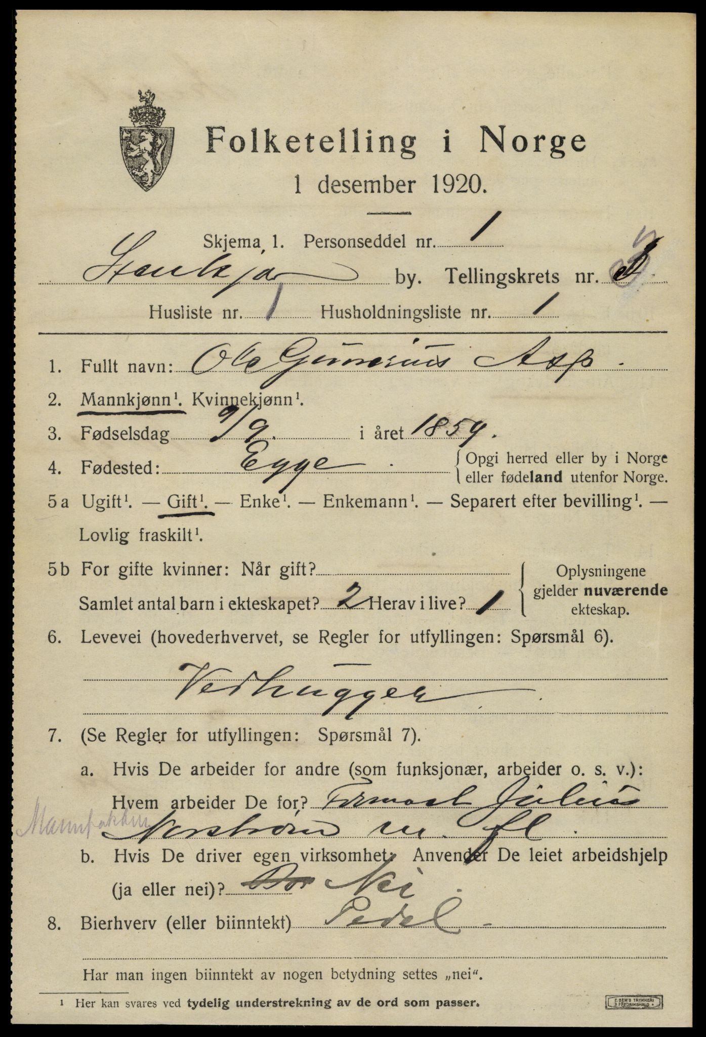 SAT, 1920 census for Steinkjer, 1920, p. 5726