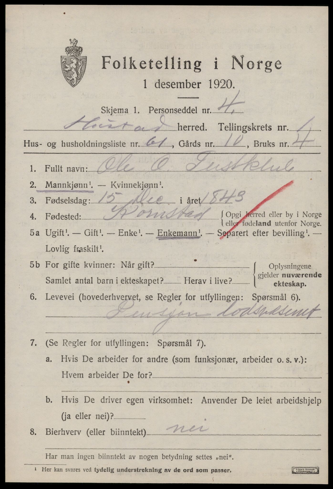 SAT, 1920 census for Hustad, 1920, p. 1505