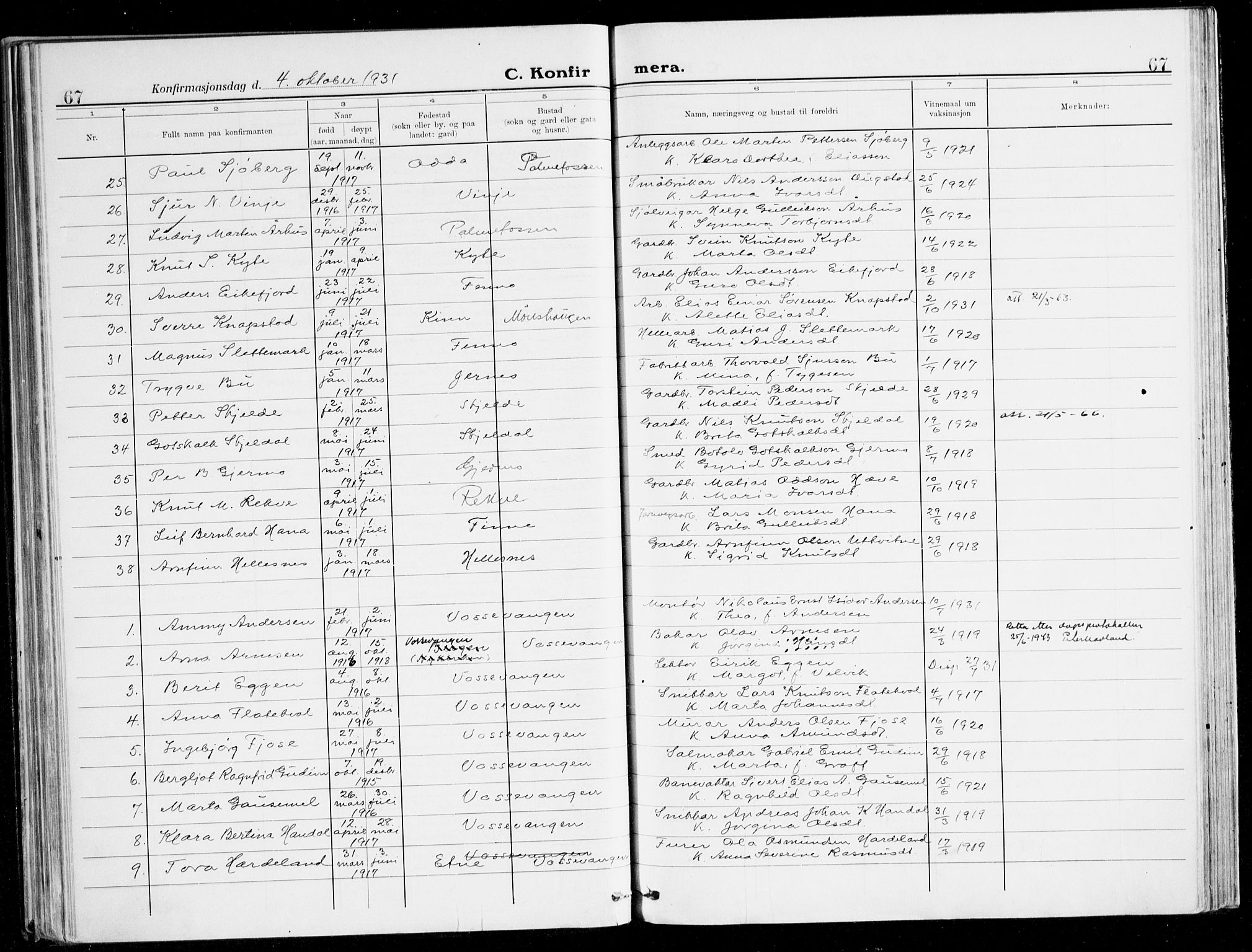 Voss sokneprestembete, AV/SAB-A-79001/H/Haa: Parish register (official) no. B 3, 1922-1942, p. 67