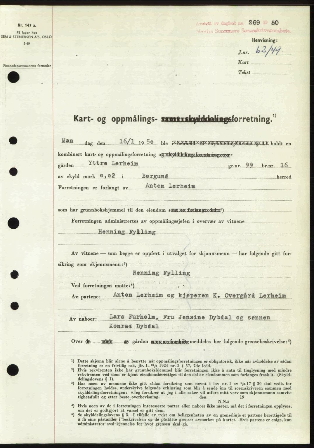 Nordre Sunnmøre sorenskriveri, AV/SAT-A-0006/1/2/2C/2Ca: Mortgage book no. A33, 1949-1950, Diary no: : 269/1950