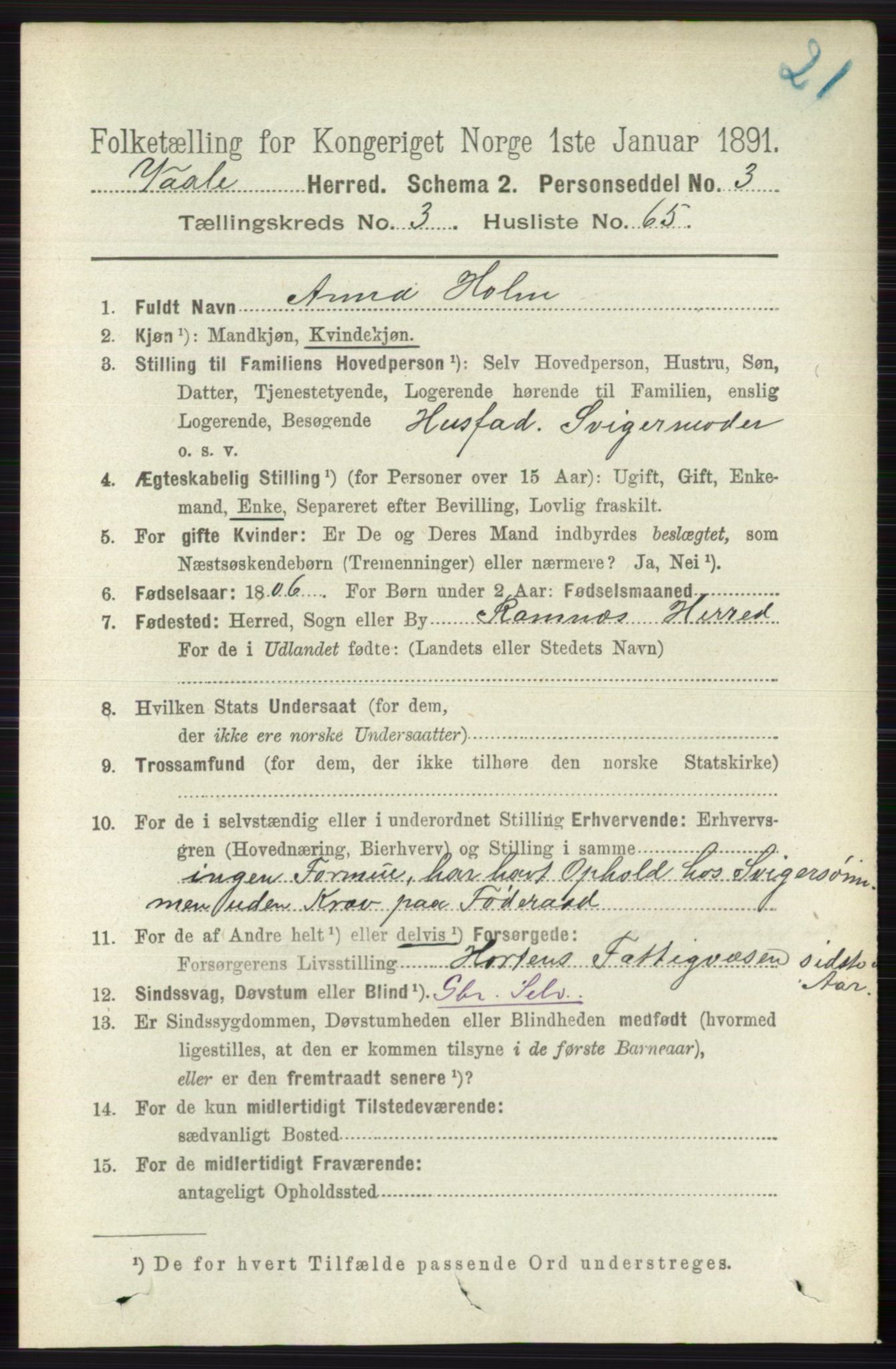RA, 1891 census for 0716 Våle, 1891, p. 922