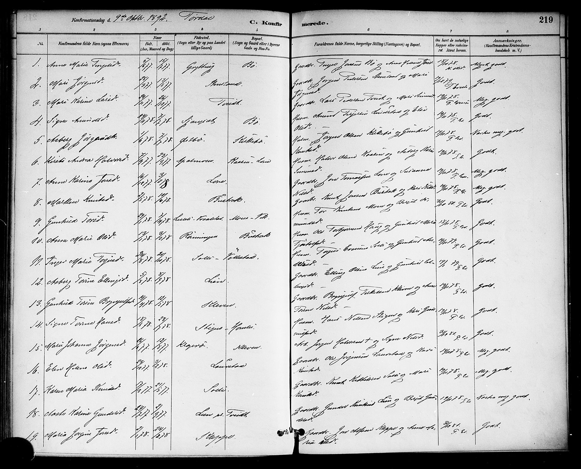 Drangedal kirkebøker, SAKO/A-258/F/Fa/L0010: Parish register (official) no. 10 /2, 1885-1894, p. 219