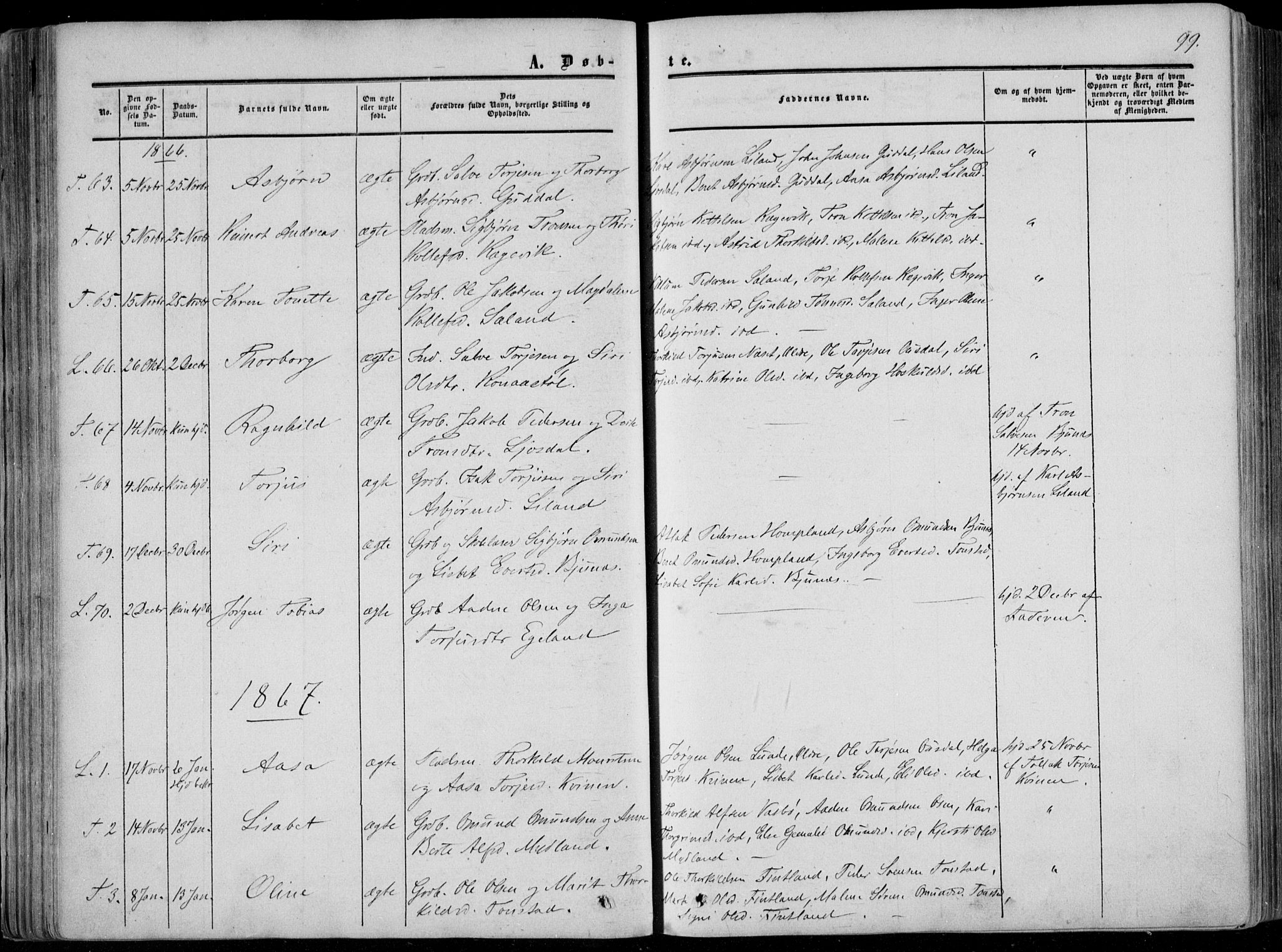 Sirdal sokneprestkontor, AV/SAK-1111-0036/F/Fa/Fab/L0002: Parish register (official) no. A 2, 1855-1874, p. 99