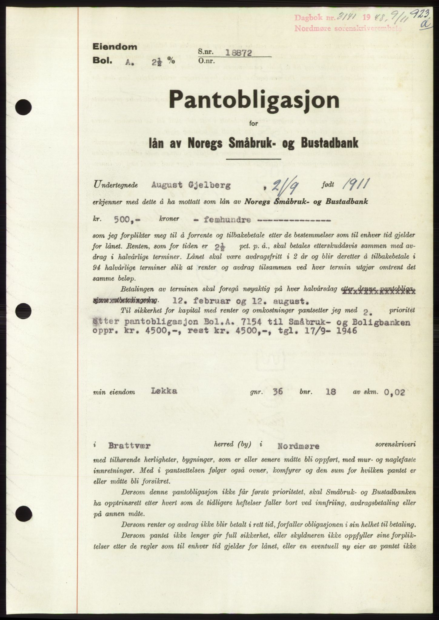 Nordmøre sorenskriveri, AV/SAT-A-4132/1/2/2Ca: Mortgage book no. B99, 1948-1948, Diary no: : 3141/1948