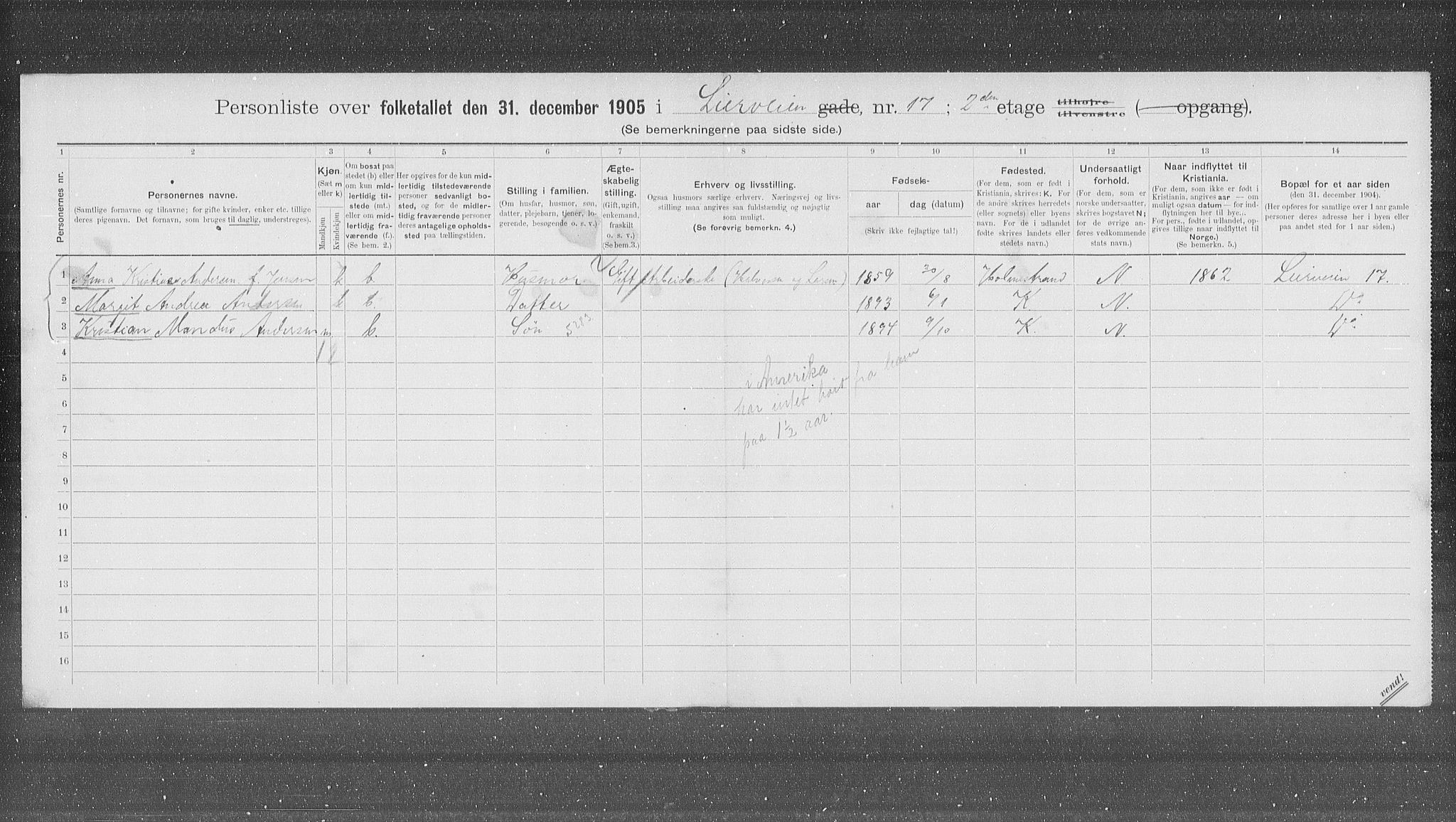 OBA, Municipal Census 1905 for Kristiania, 1905, p. 30219