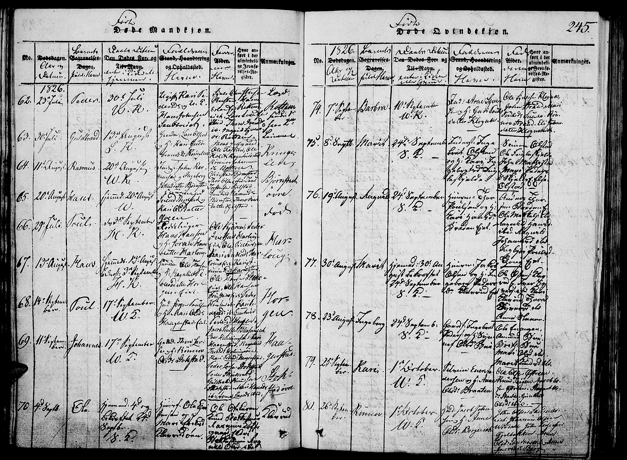 Vågå prestekontor, SAH/PREST-076/H/Ha/Hab/L0001: Parish register (copy) no. 1, 1815-1827, p. 244-245