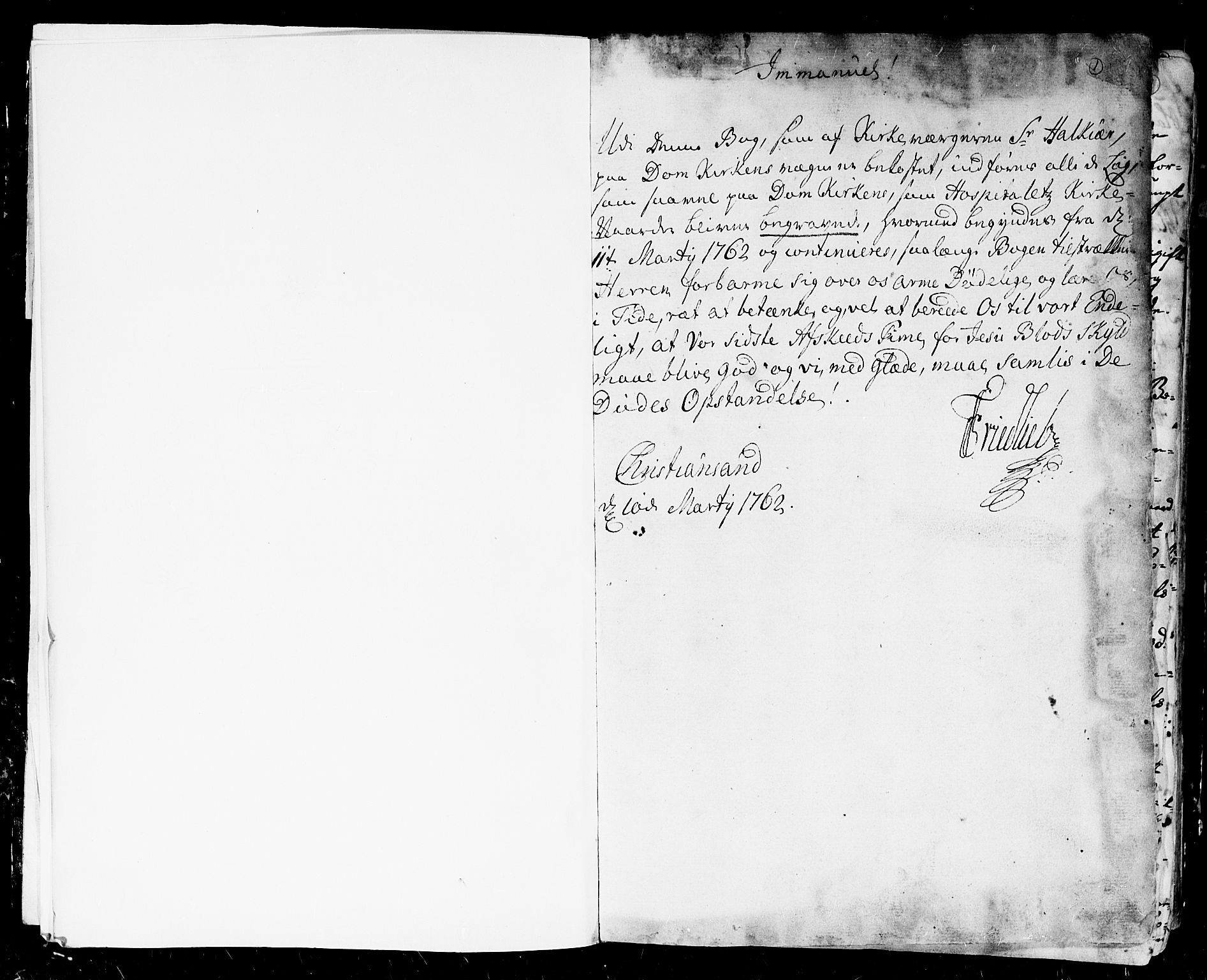 Kristiansand domprosti, AV/SAK-1112-0006/F/Fa/L0004: Parish register (official) no. A 4, 1762-1794, p. 1