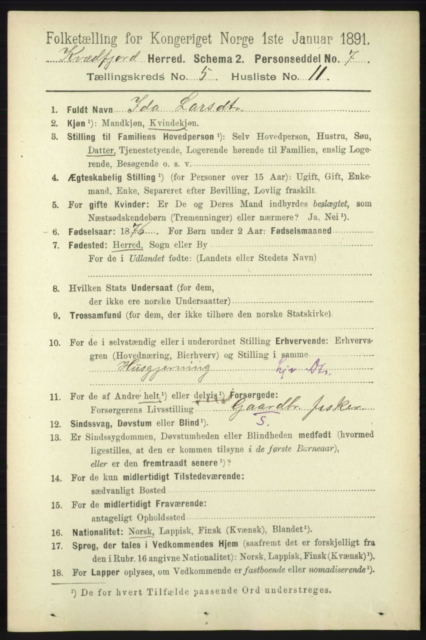 RA, 1891 census for 1911 Kvæfjord, 1891, p. 2928