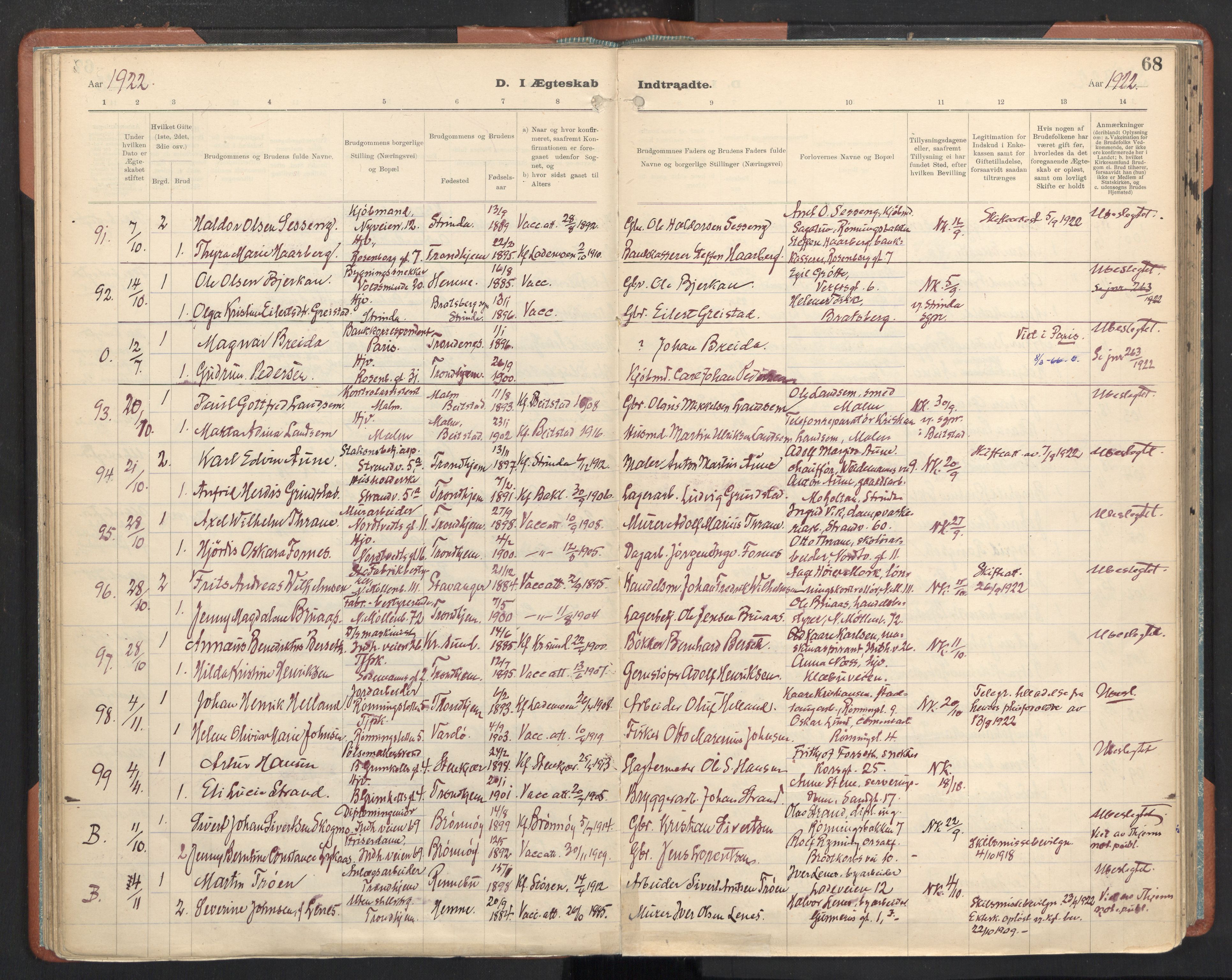 Ministerialprotokoller, klokkerbøker og fødselsregistre - Sør-Trøndelag, AV/SAT-A-1456/605/L0245: Parish register (official) no. 605A07, 1916-1938, p. 68