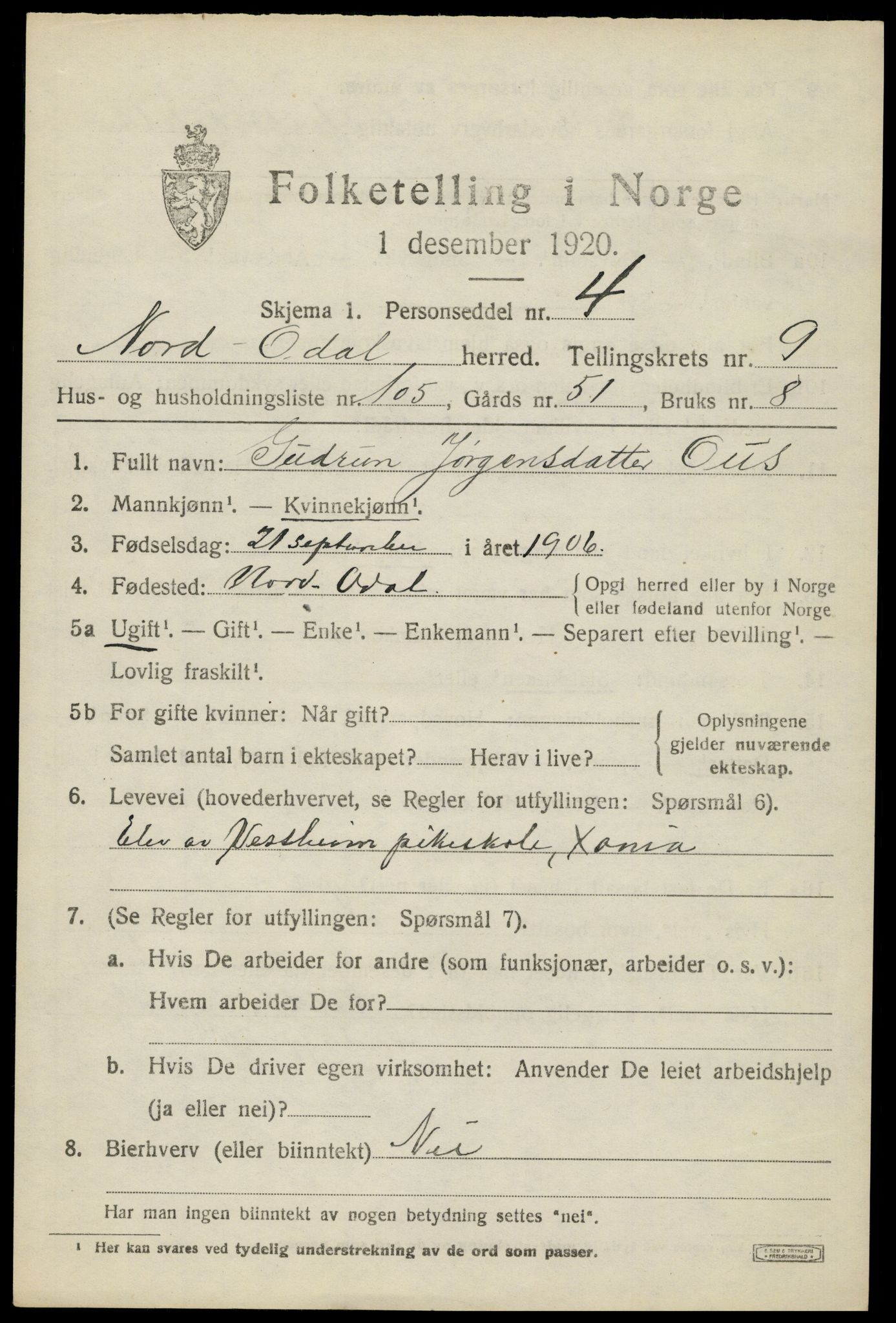 SAH, 1920 census for Nord-Odal, 1920, p. 10871