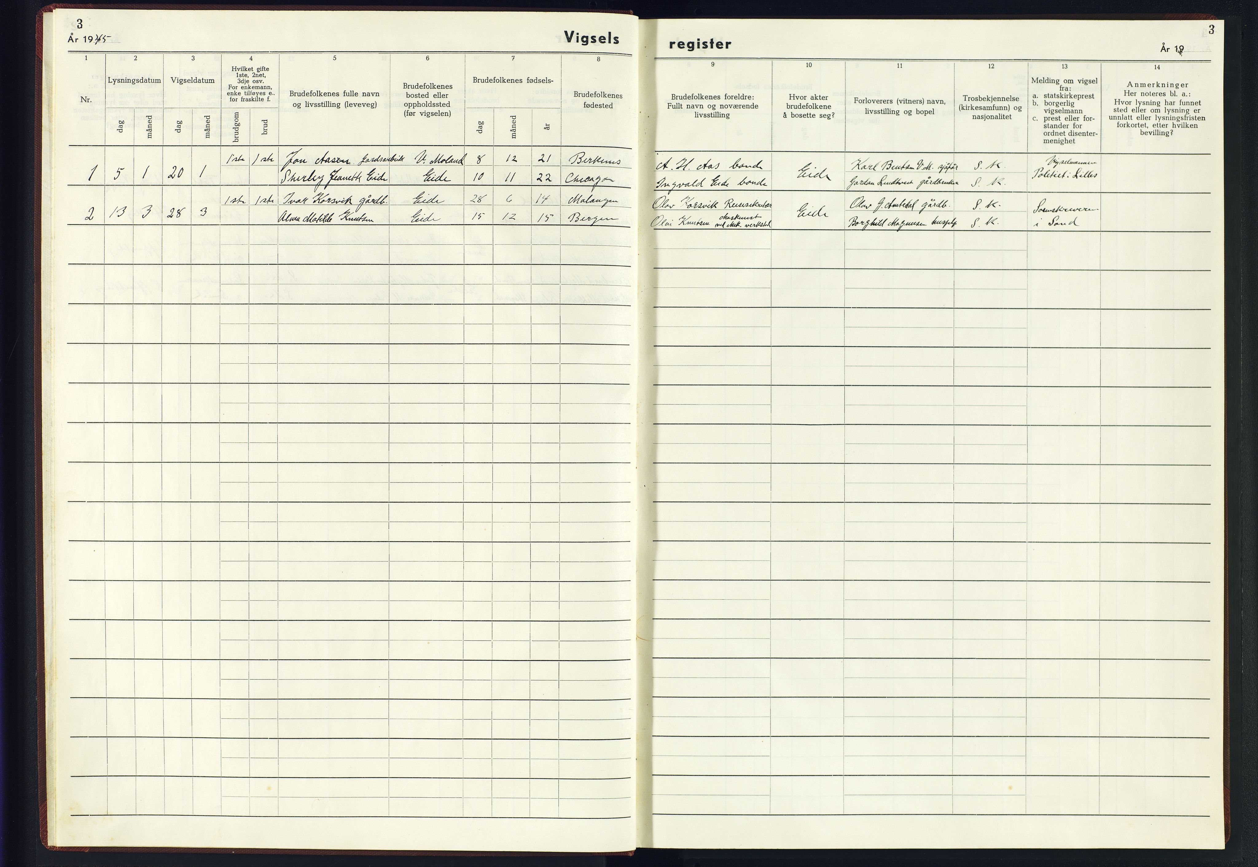 Hommedal sokneprestkontor, AV/SAK-1111-0023/J/Jf/L0004: Marriage register no. 4, 1943-1945, p. 3