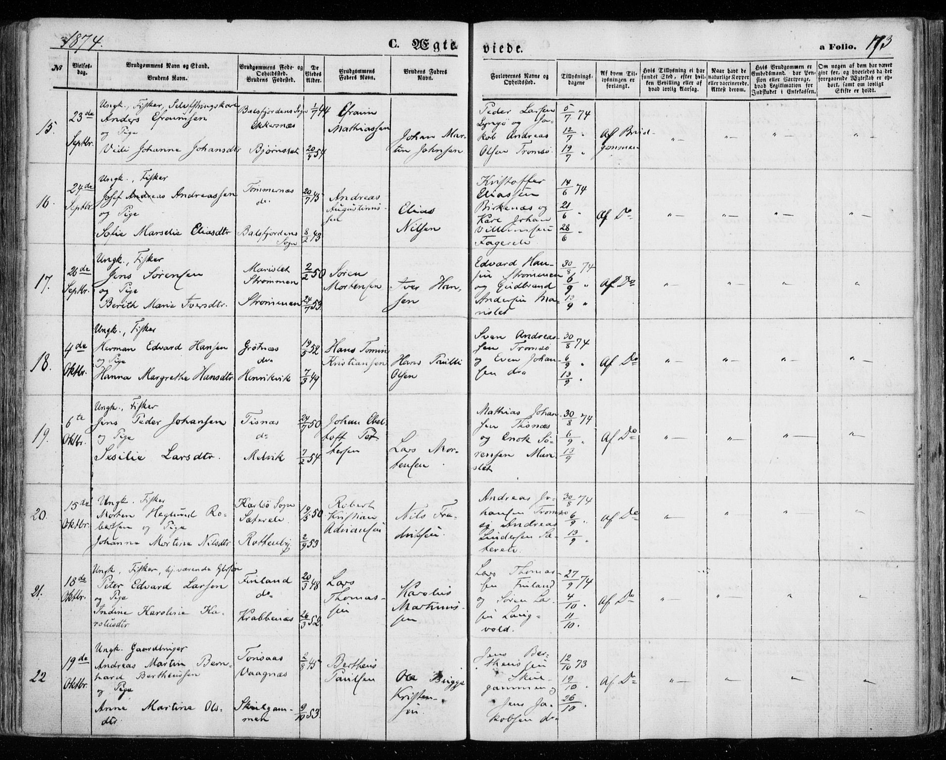 Tromsøysund sokneprestkontor, AV/SATØ-S-1304/G/Ga/L0002kirke: Parish register (official) no. 2, 1867-1875, p. 173