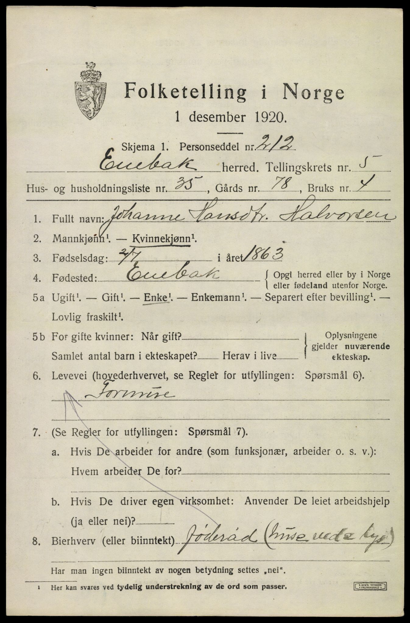 SAO, 1920 census for Enebakk, 1920, p. 4475