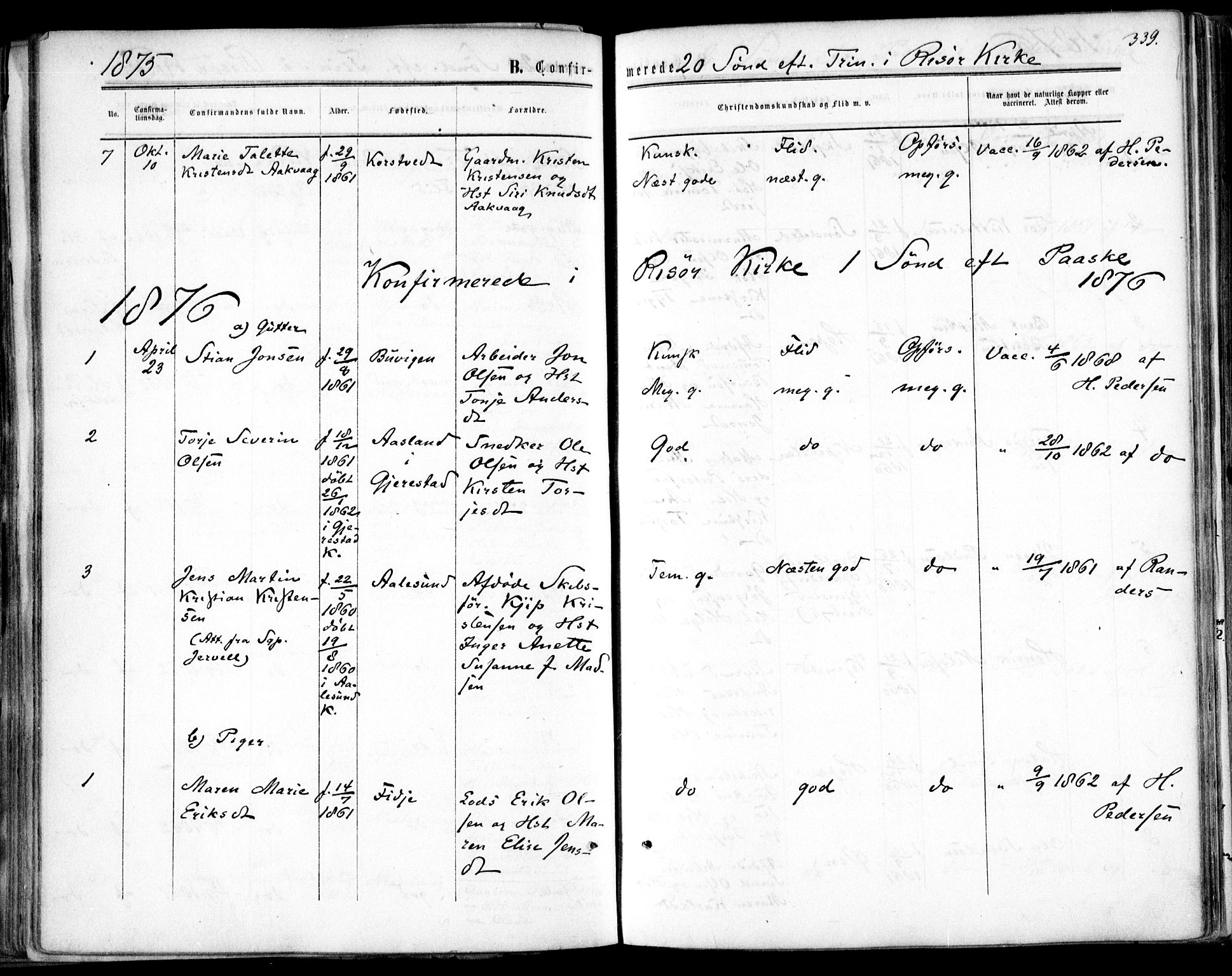 Søndeled sokneprestkontor, AV/SAK-1111-0038/F/Fa/L0003: Parish register (official) no. A 3, 1861-1879, p. 339