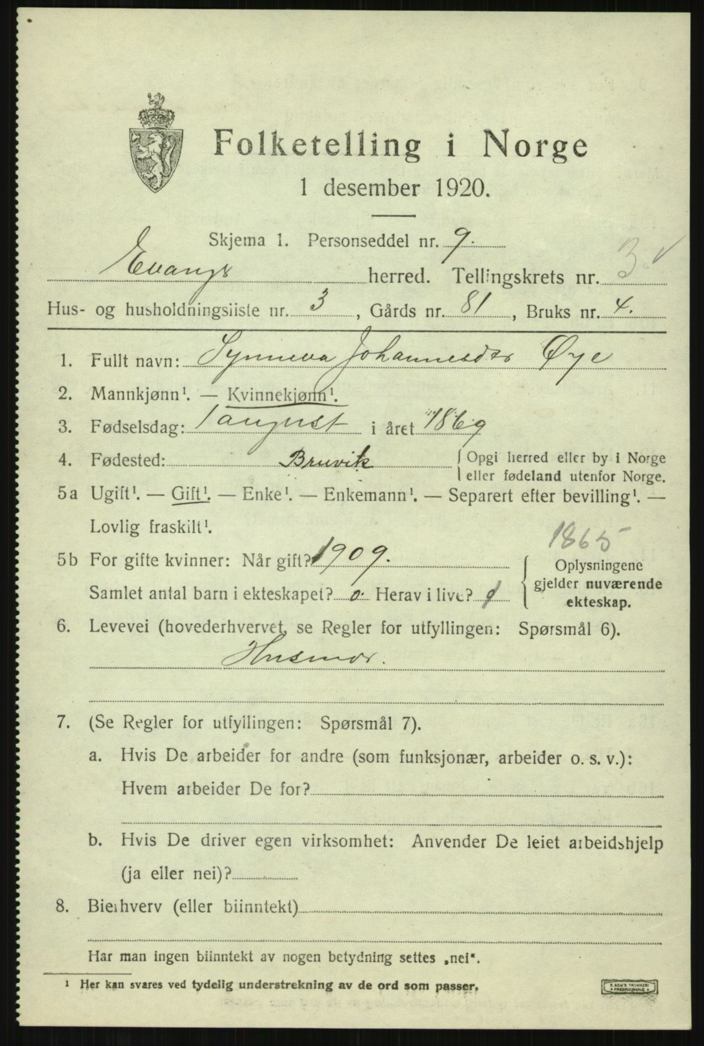 SAB, 1920 census for Evanger, 1920, p. 1051