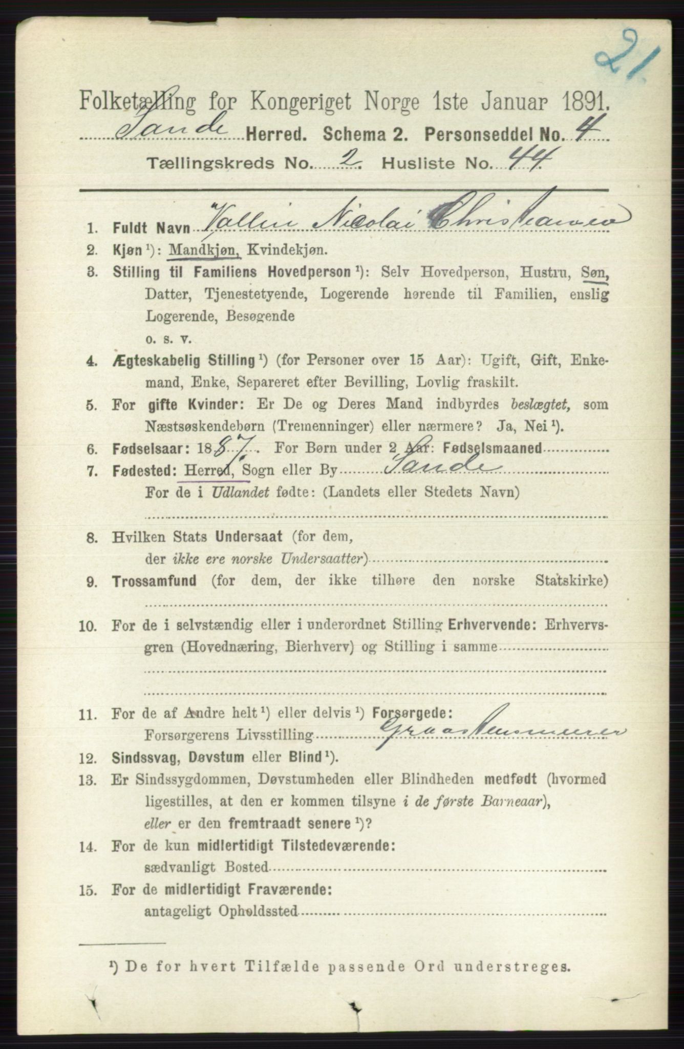 RA, 1891 census for 0713 Sande, 1891, p. 852