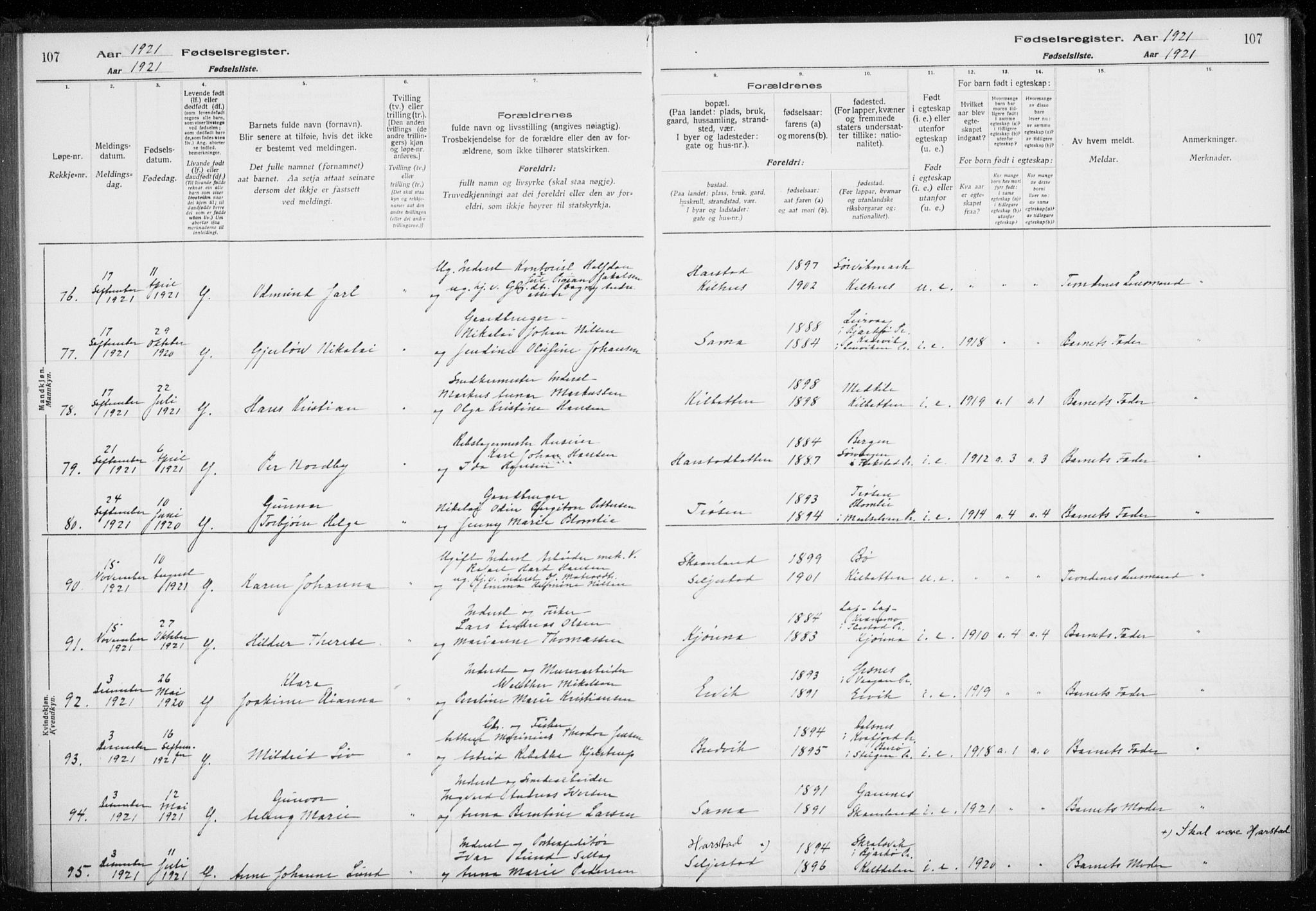 Trondenes sokneprestkontor, SATØ/S-1319/I/Ia/L0089: Birth register no. 89, 1916-1925, p. 107