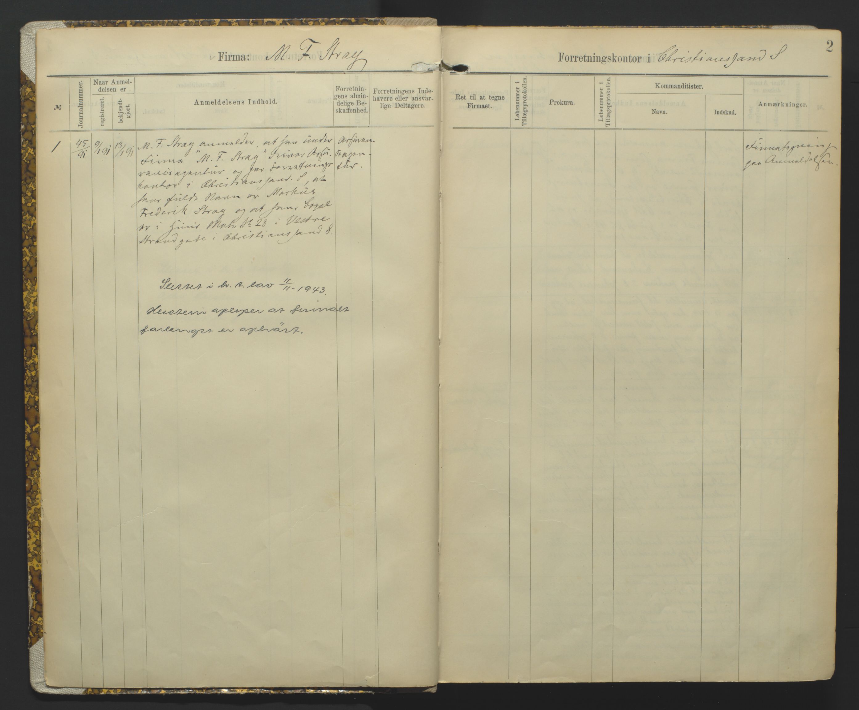 Kristiansand byrett, AV/SAK-1223-0001/K/Kb/L0002: Handelsregister A I, 1891-1894, p. 2