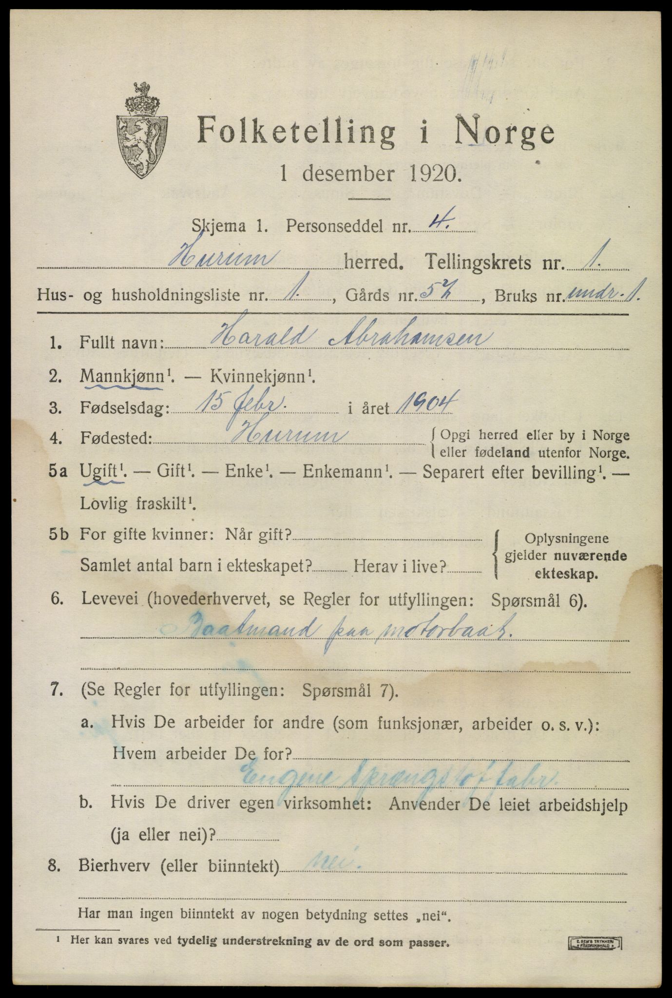 SAKO, 1920 census for Hurum, 1920, p. 1796