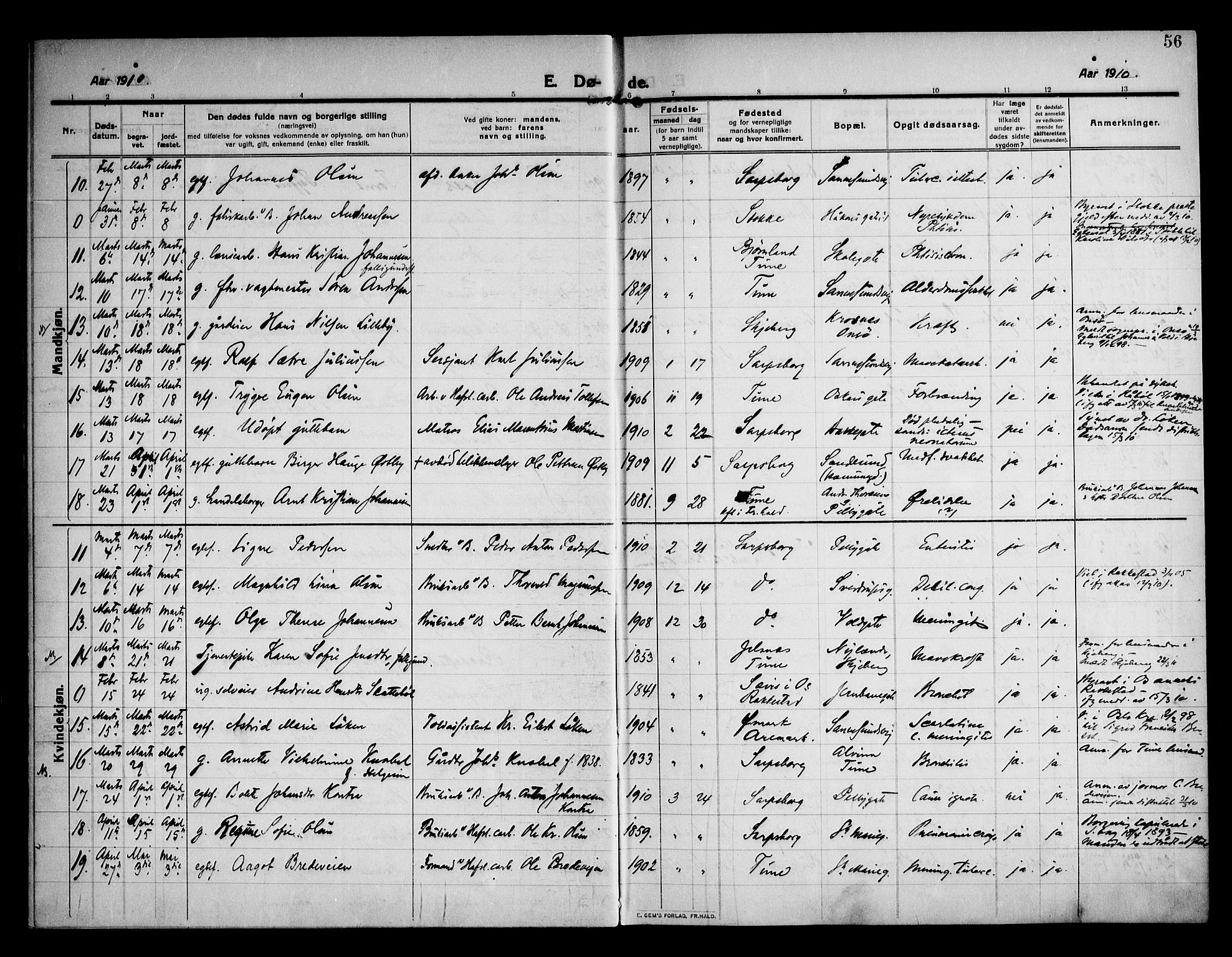 Sarpsborg prestekontor Kirkebøker, AV/SAO-A-2006/F/Fa/L0007: Parish register (official) no. 7, 1910-1918, p. 56