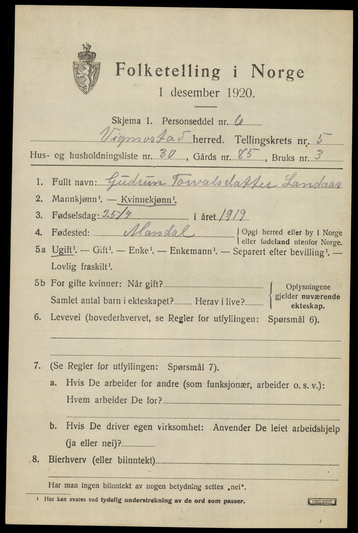 SAK, 1920 census for Vigmostad, 1920, p. 1943