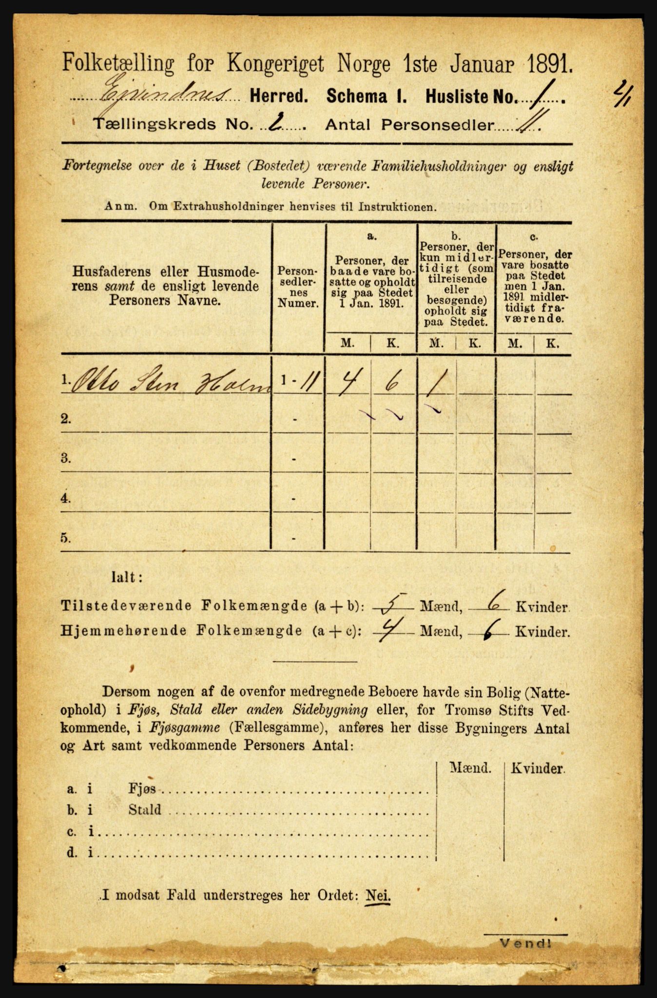 RA, 1891 census for 1853 Evenes, 1891, p. 384