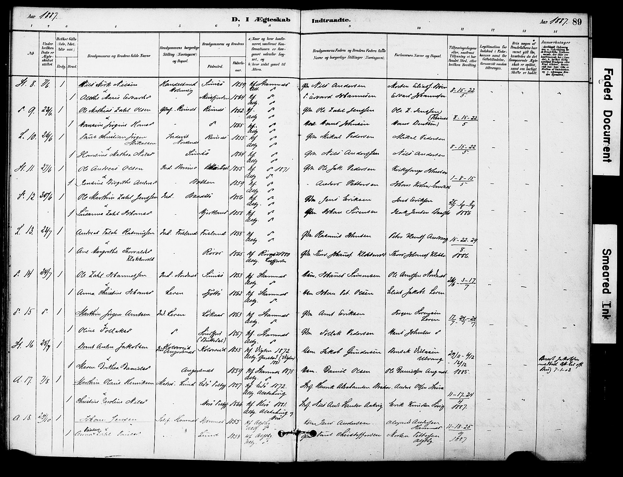 Ministerialprotokoller, klokkerbøker og fødselsregistre - Nordland, AV/SAT-A-1459/830/L0450: Parish register (official) no. 830A14, 1879-1896, p. 89